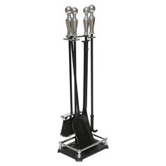 Modern Set of Chrome and Wrought Iron Fireplace Tools