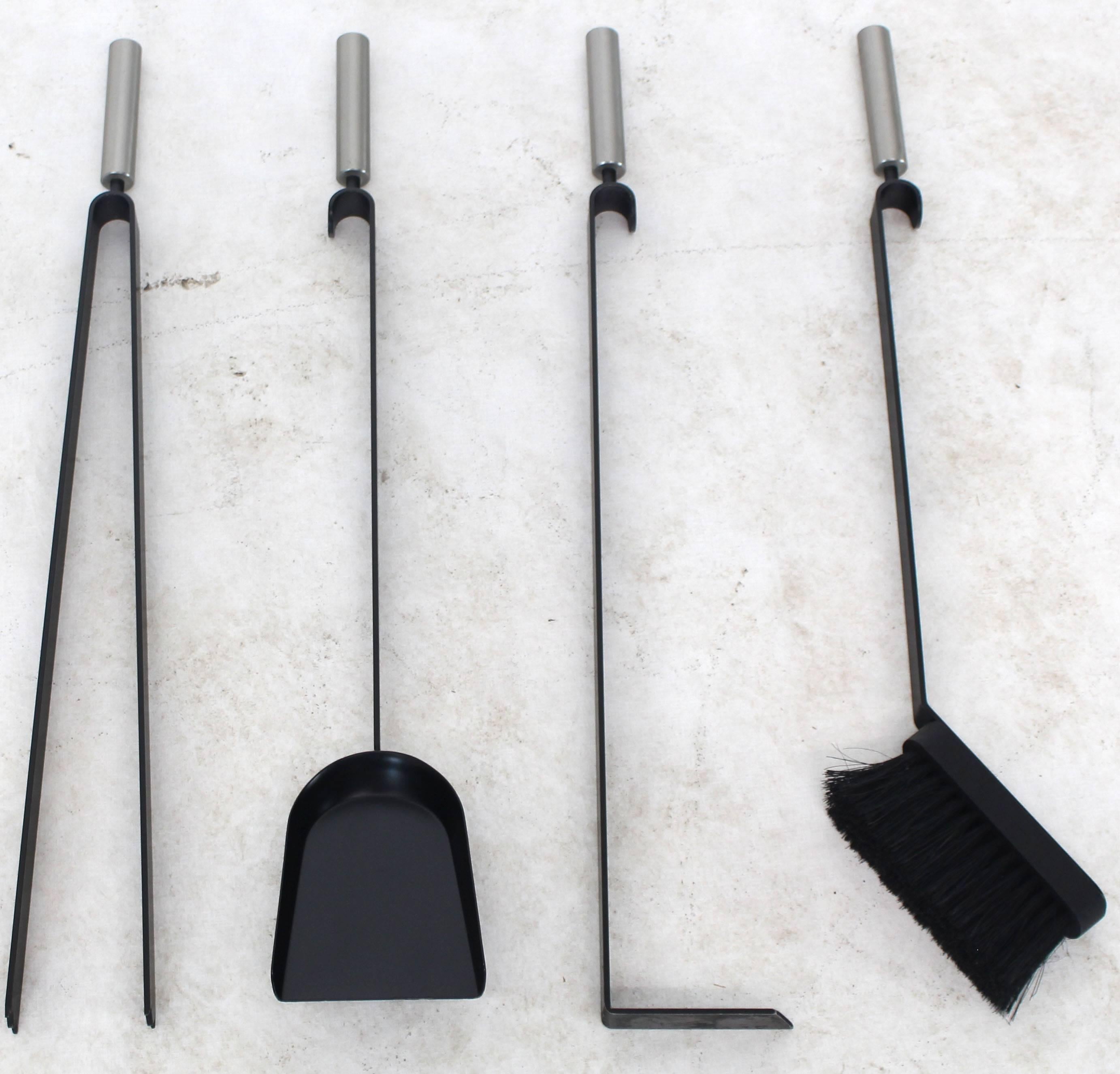 Mid-Century Modern Modern Set of Fireplace Tools Black and Chrome