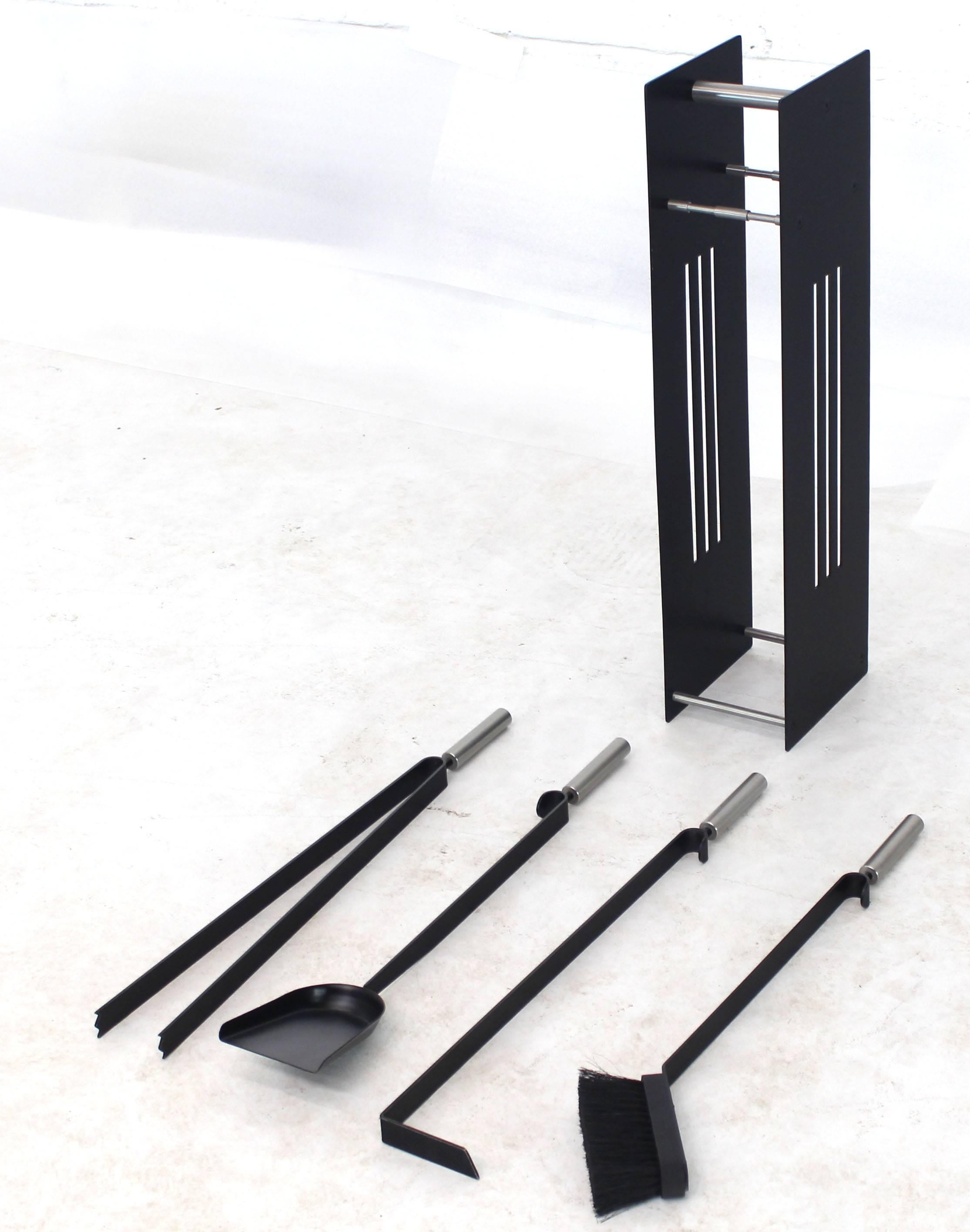 Contemporary Modern Set of Fireplace Tools Black and Chrome