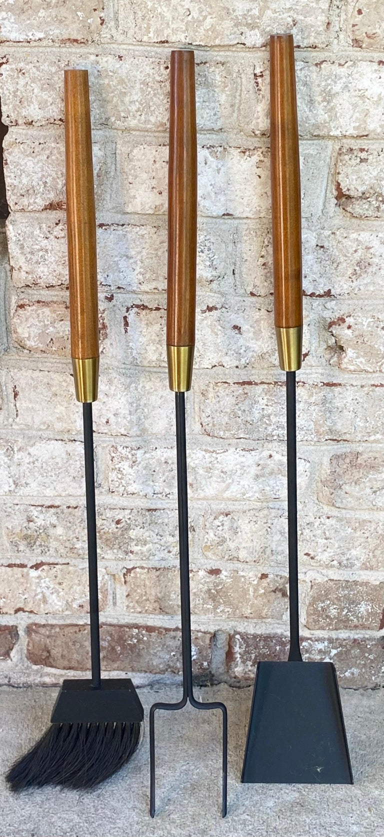 Modern set of Fireplace Tools with Wood Handles For Sale at 1stDibs