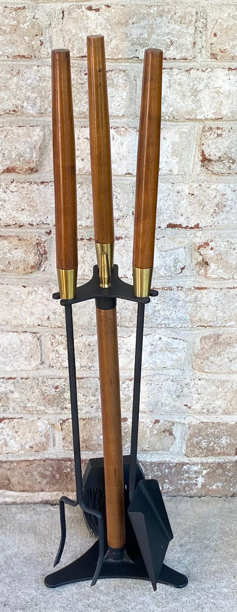 Modern set of Fireplace Tools with Wood Handles For Sale at 1stDibs