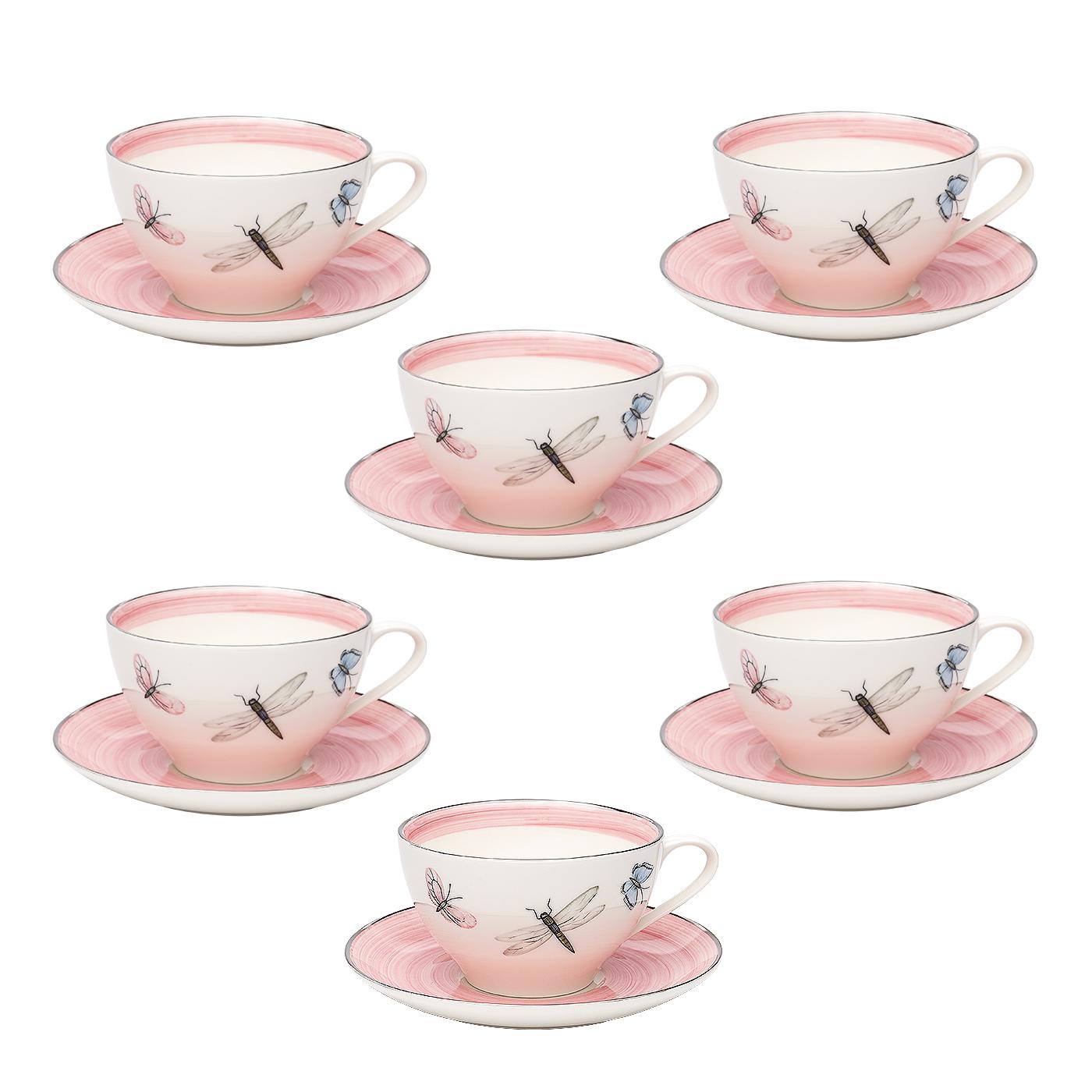 Hand-Painted Modern Set of Six Porcelain Tea Cups Butterfly Decor Sofina Boutique Kitzbuehel For Sale