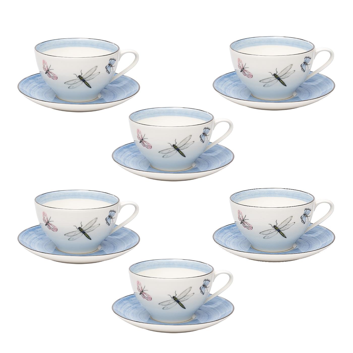 Contemporary Modern Set of Six Porcelain Tea Cups Butterfly Decor Sofina Boutique Kitzbuehel For Sale