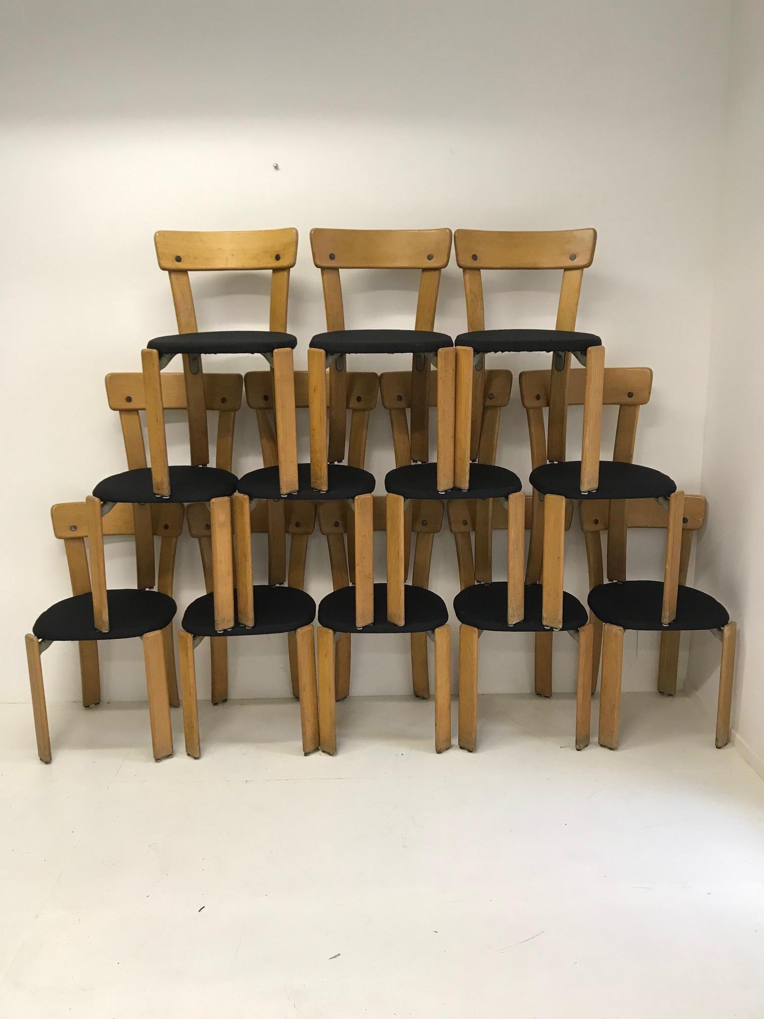 Swiss Modern Set of Twelve Light Wood Dining Chairs by Bruno Rey, 1970s