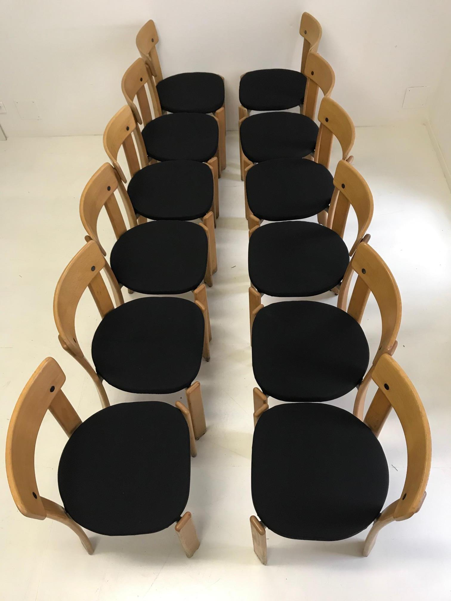 Modern Set of Twelve Light Wood Dining Chairs by Bruno Rey, 1970s In Good Condition In Perpignan, FR