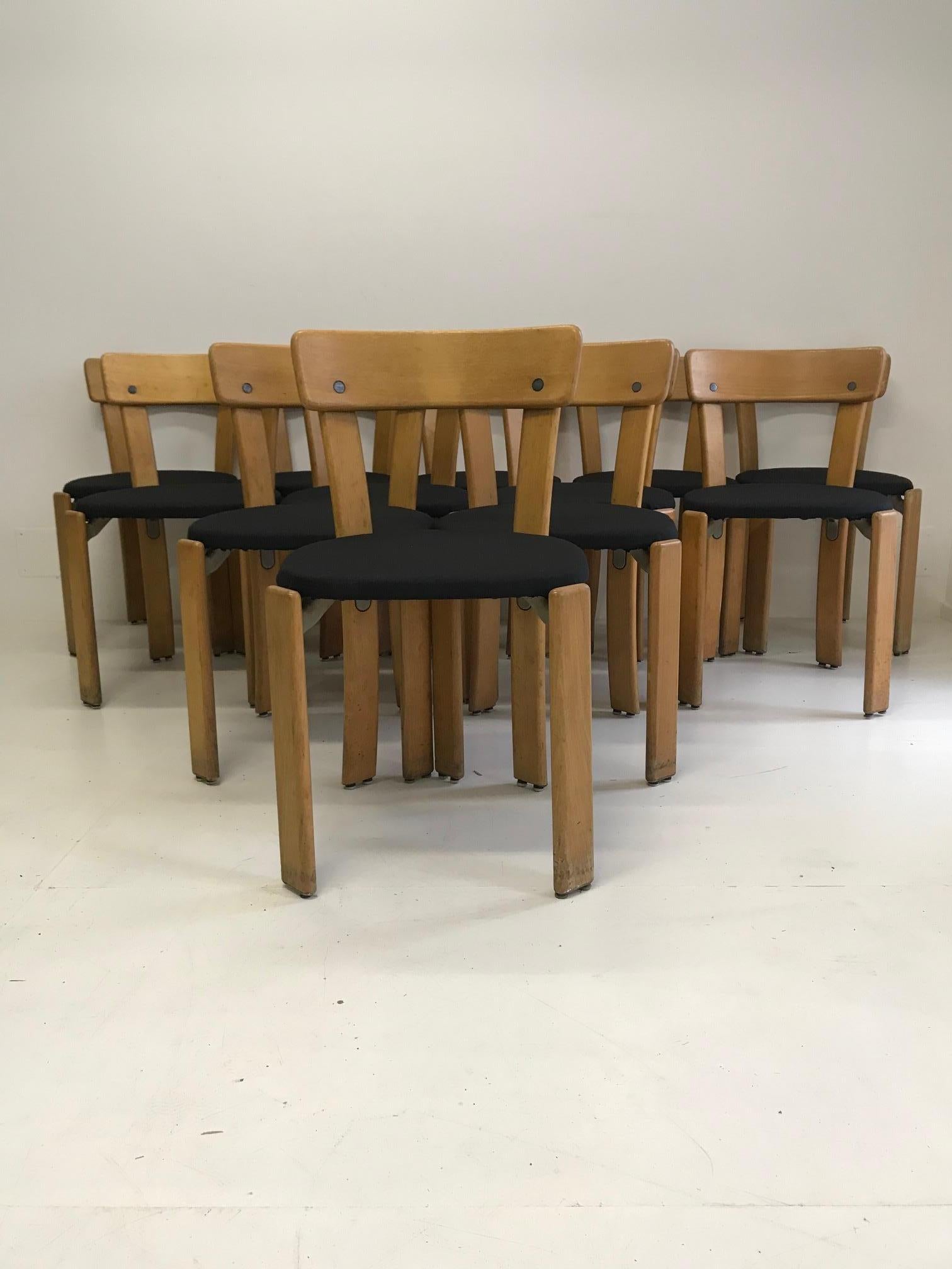 20th Century Modern Set of Twelve Light Wood Dining Chairs by Bruno Rey, 1970s