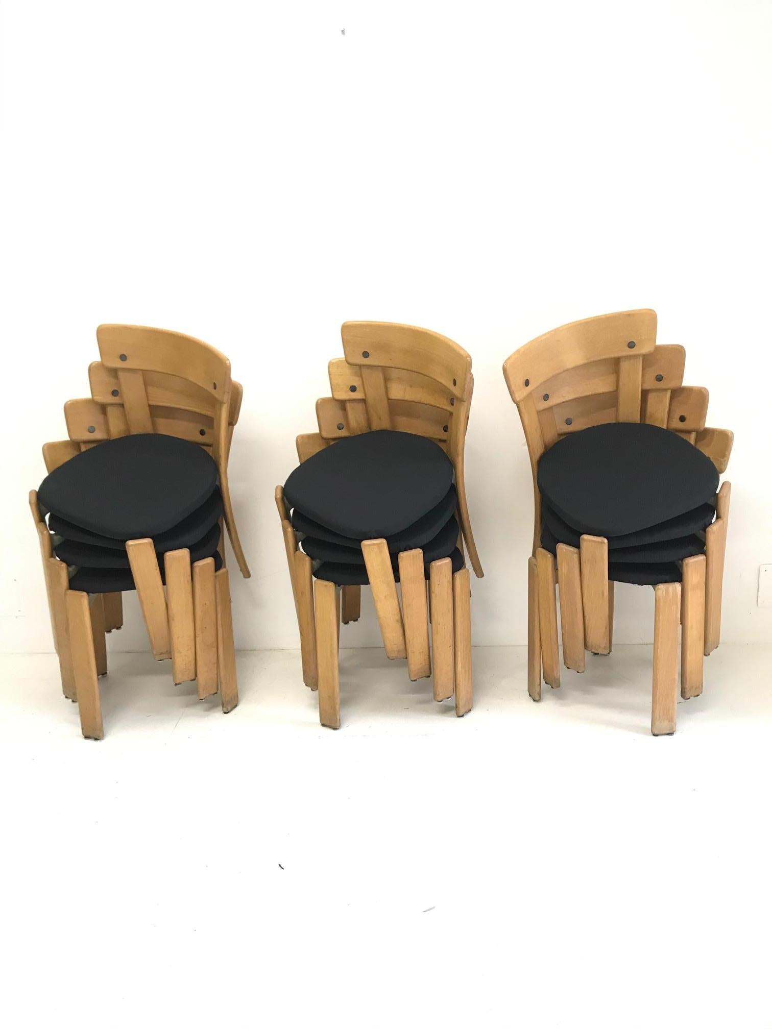 Modern Set of Twelve Light Wood Dining Chairs by Bruno Rey, 1970s 1