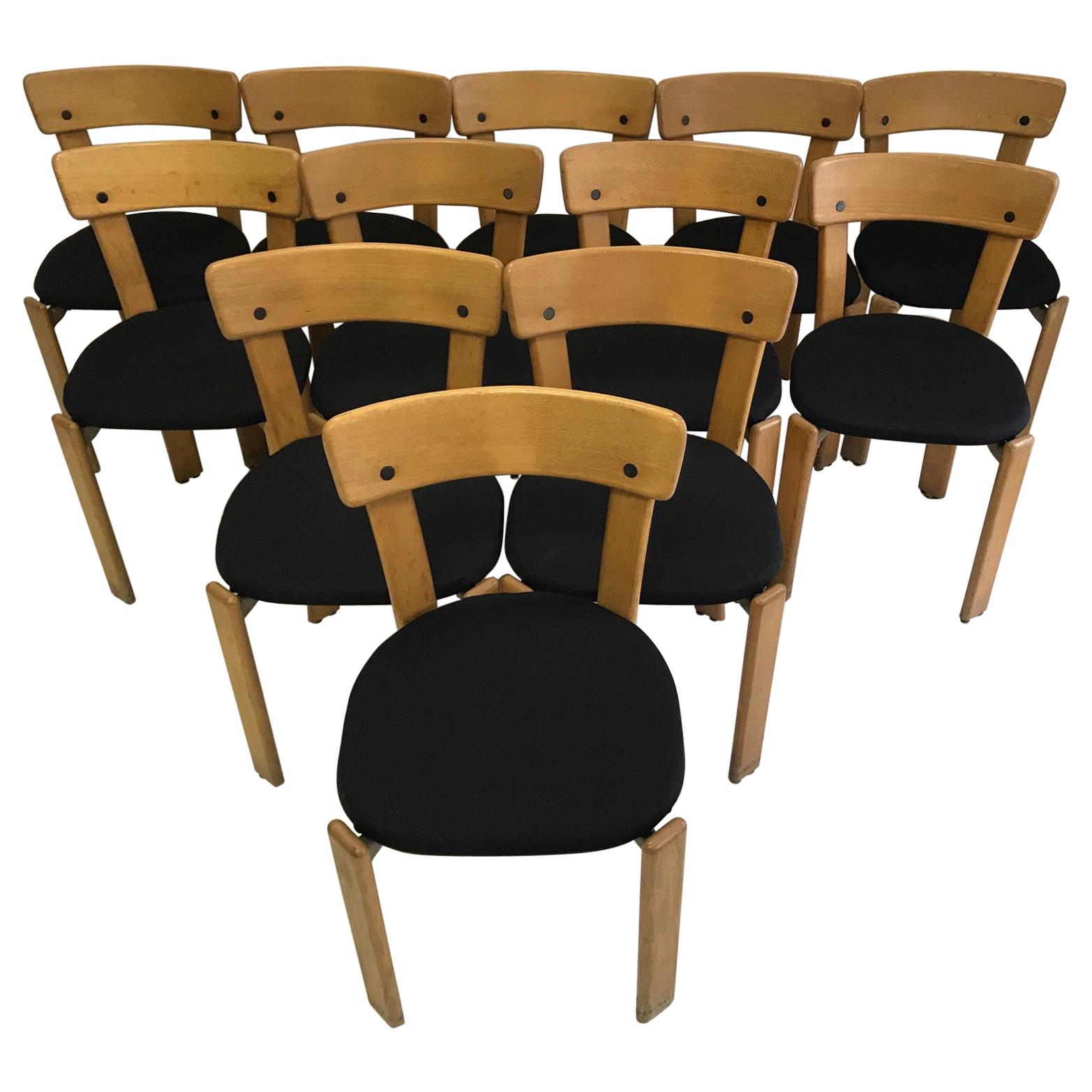 Modern Set of Twelve Light Wood Dining Chairs by Bruno Rey, 1970s