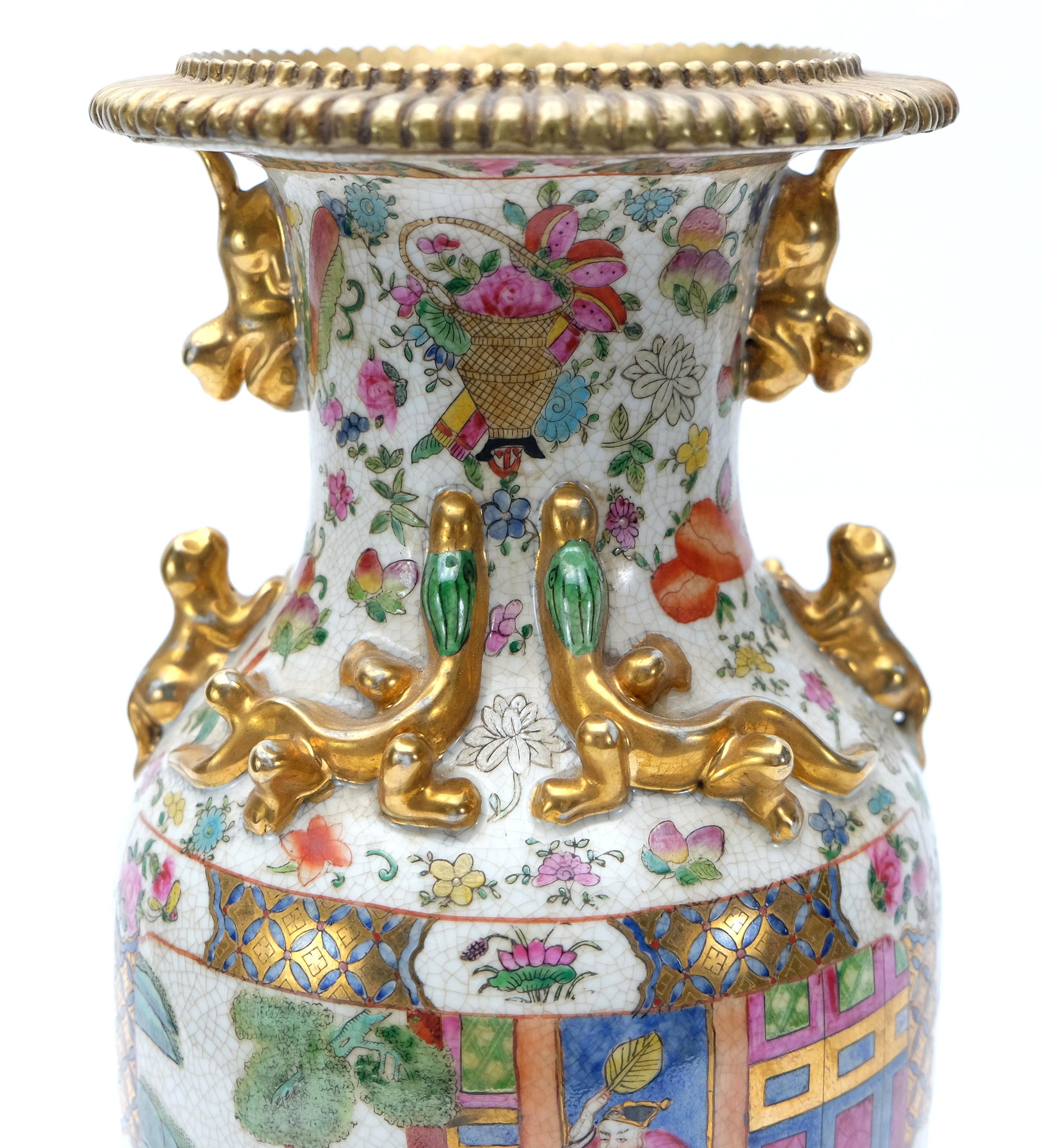 Chinese Modern Set of Two Famille Rose Urns on Bronze Stands