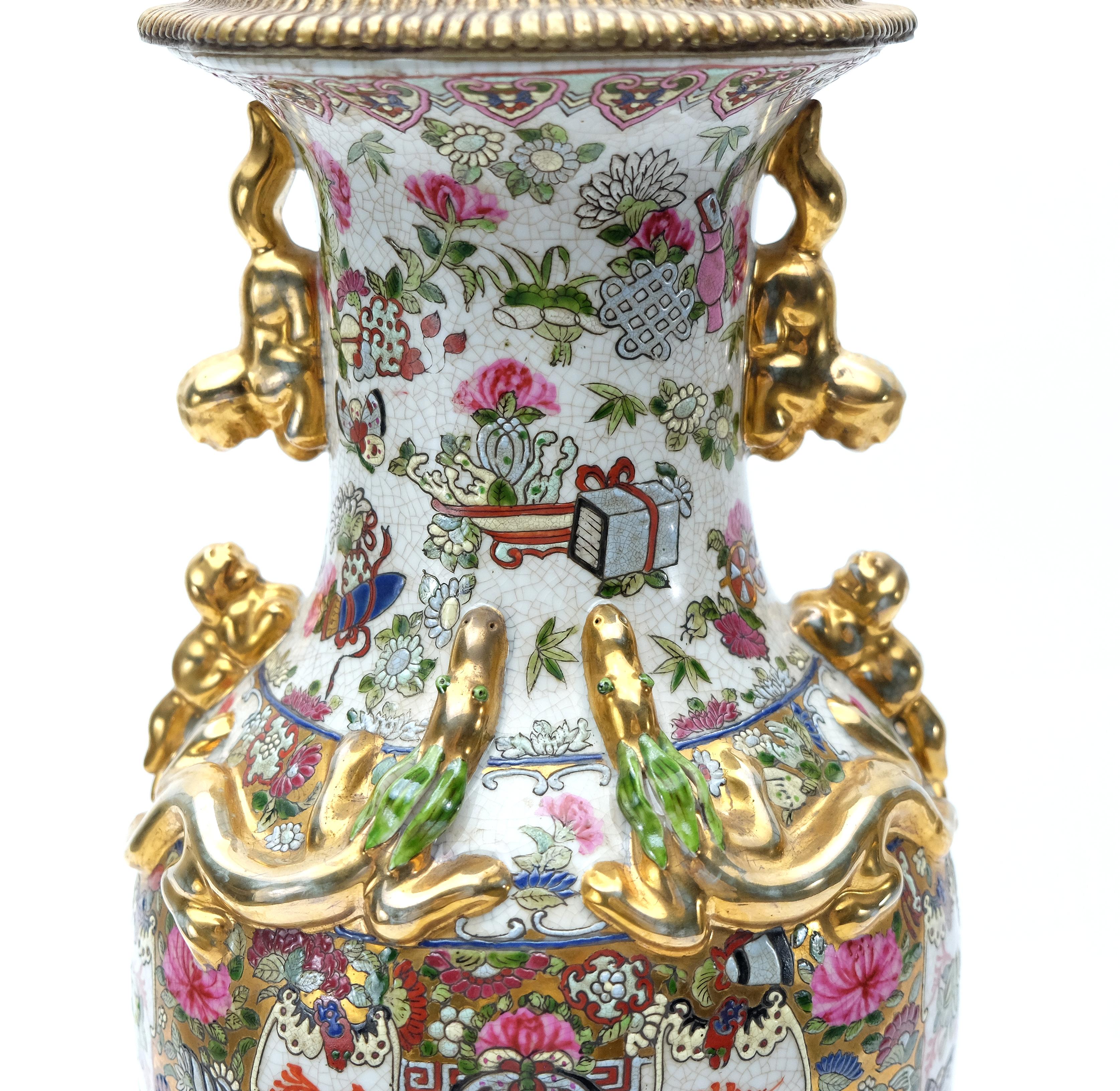 Modern Set of Two Famille Rose Urns on Bronze Stands In Excellent Condition In Miami, FL