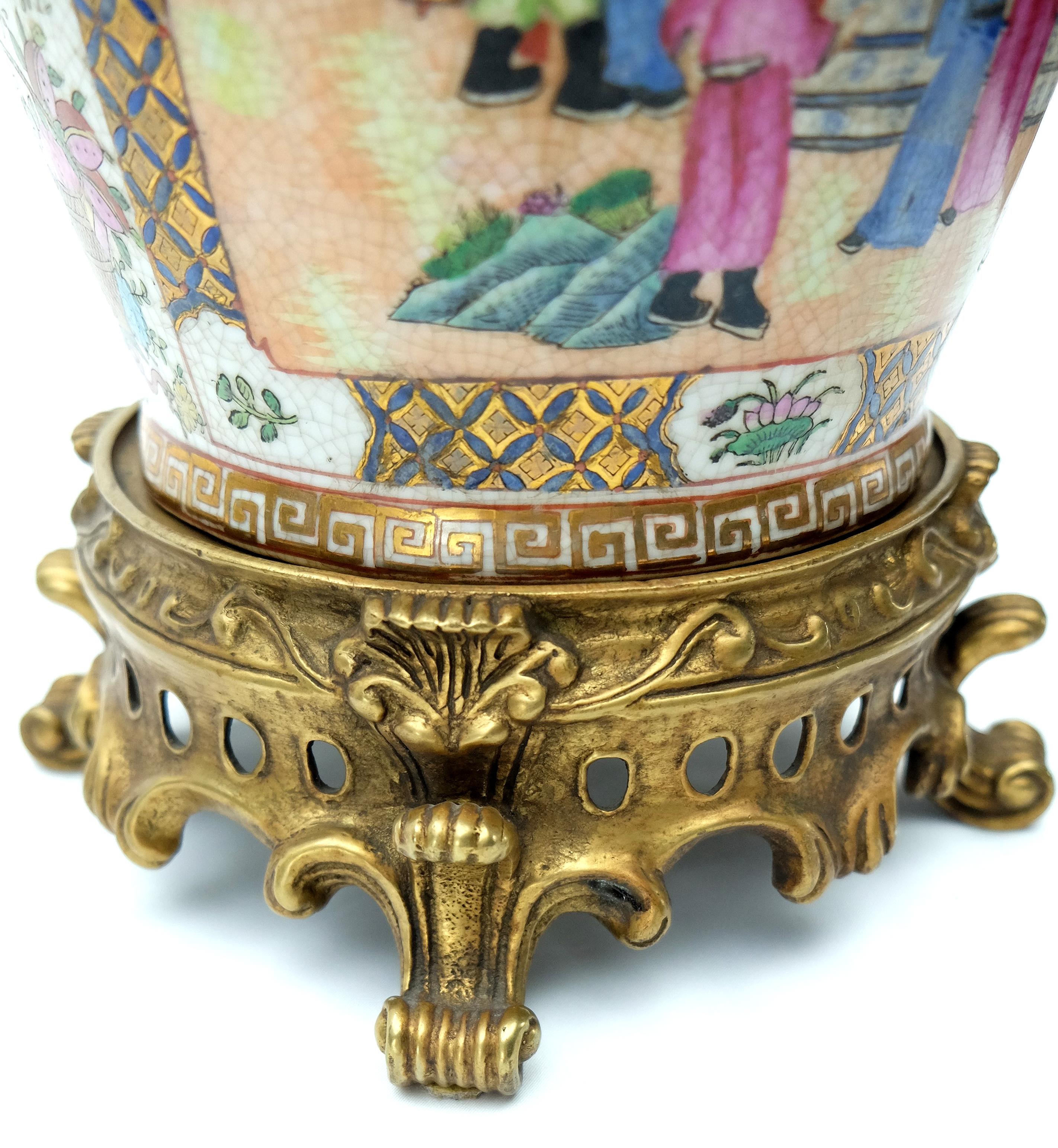 Modern Set of Two Famille Rose Urns on Bronze Stands 2