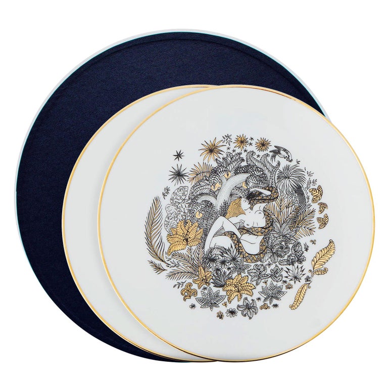 Modern Set of Two Porcelain Plates in Black, White and Gold by Safia