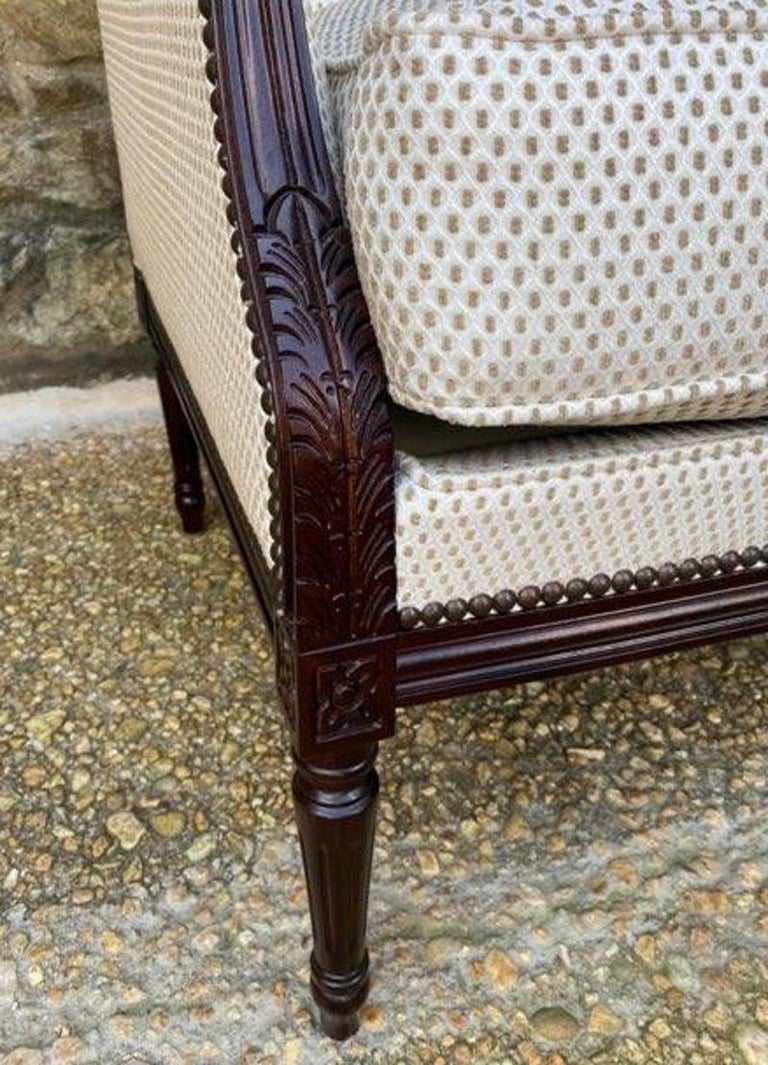 Modern Settee with Cream and Tan Textured Upholstery and Dark Wood by