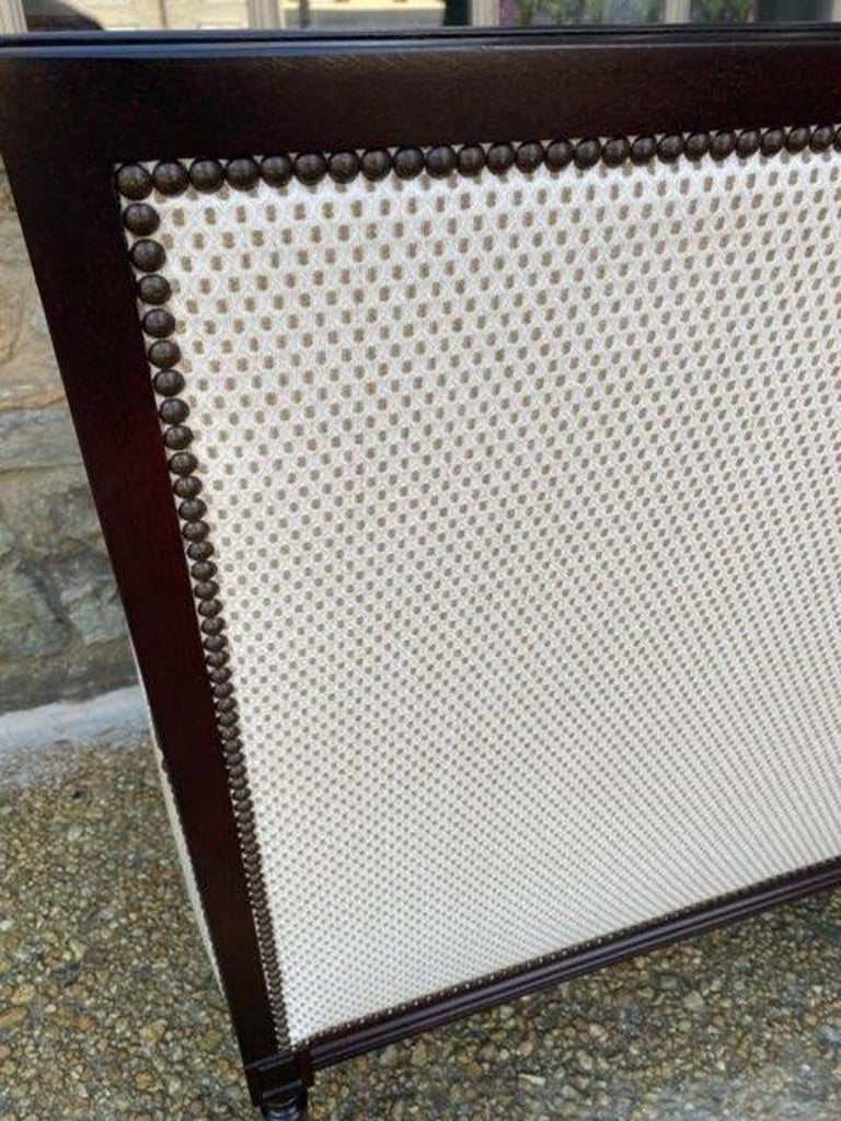 Modern Settee with Cream and Tan Textured Upholstery and Dark Wood by