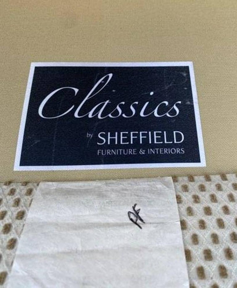 Modern Settee with Cream and Tan Textured Upholstery and Dark Wood by