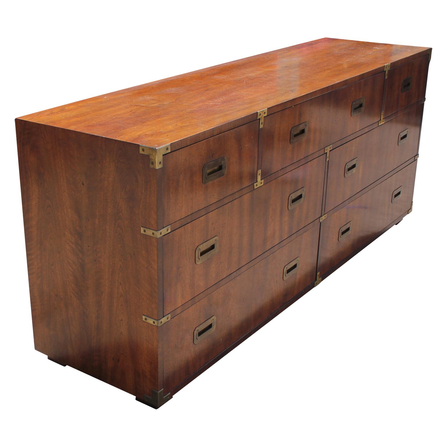 Late 20th Century Modern Seven-Drawer Henredon Campaign Style Walnut Dresser with Brass Accents