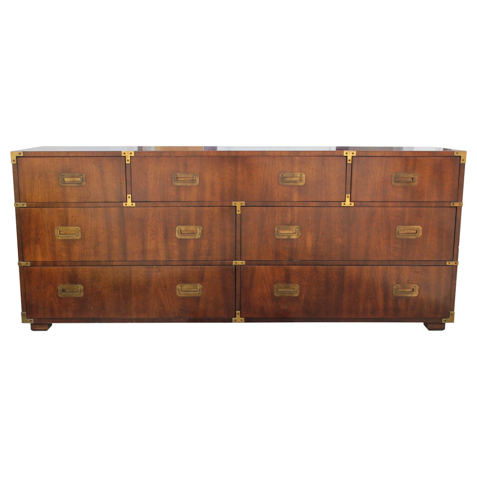 Modern Seven-Drawer Henredon Campaign Style Walnut Dresser with Brass Accents