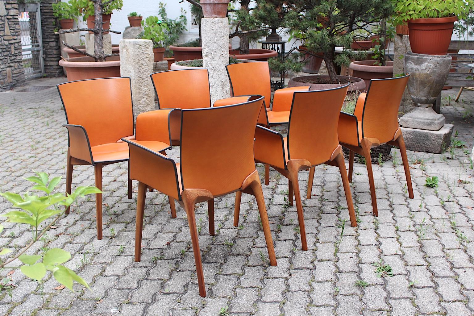 Modern Seven Vintage Cognac Leather Teak Dining Chairs Cassina, 1990s, Italy For Sale 2