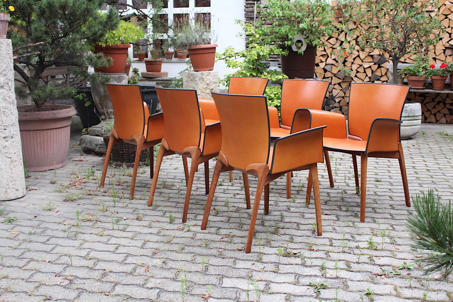 Modern Seven Vintage Cognac Leather Teak Dining Chairs Cassina, 1990s, Italy For Sale 3