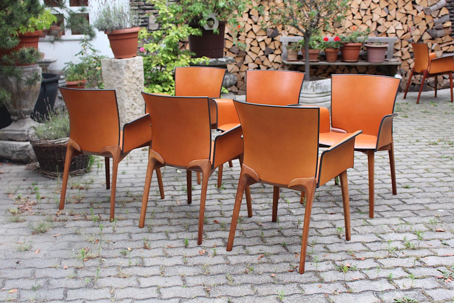 Modern Seven Vintage Cognac Leather Teak Dining Chairs Cassina, 1990s, Italy For Sale 4