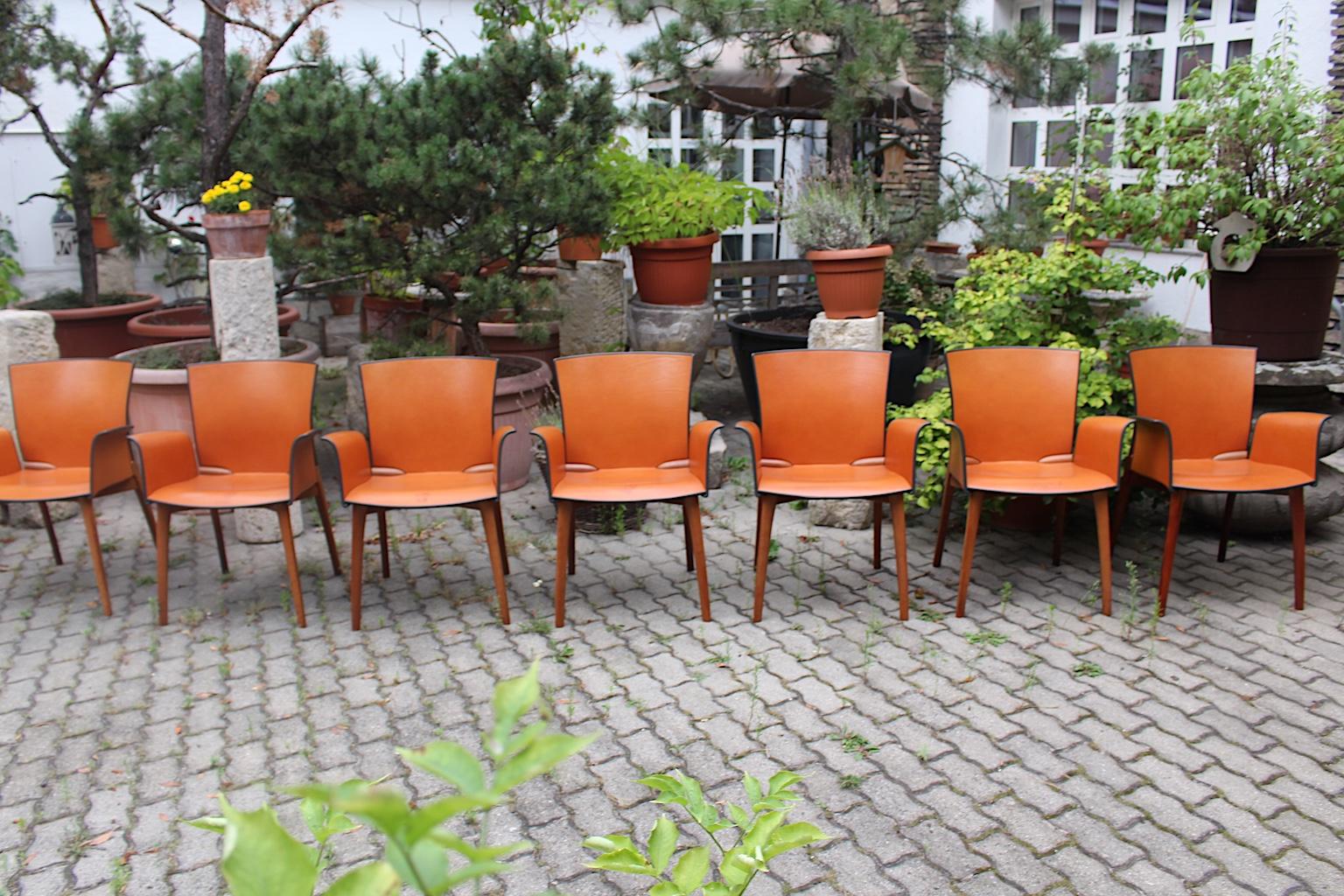 Modern Seven Vintage Cognac Leather Teak Dining Chairs Cassina, 1990s, Italy For Sale 5