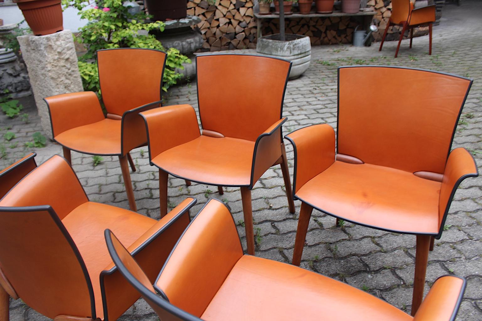 Modern Seven Vintage Cognac Leather Teak Dining Chairs Cassina, 1990s, Italy For Sale 6