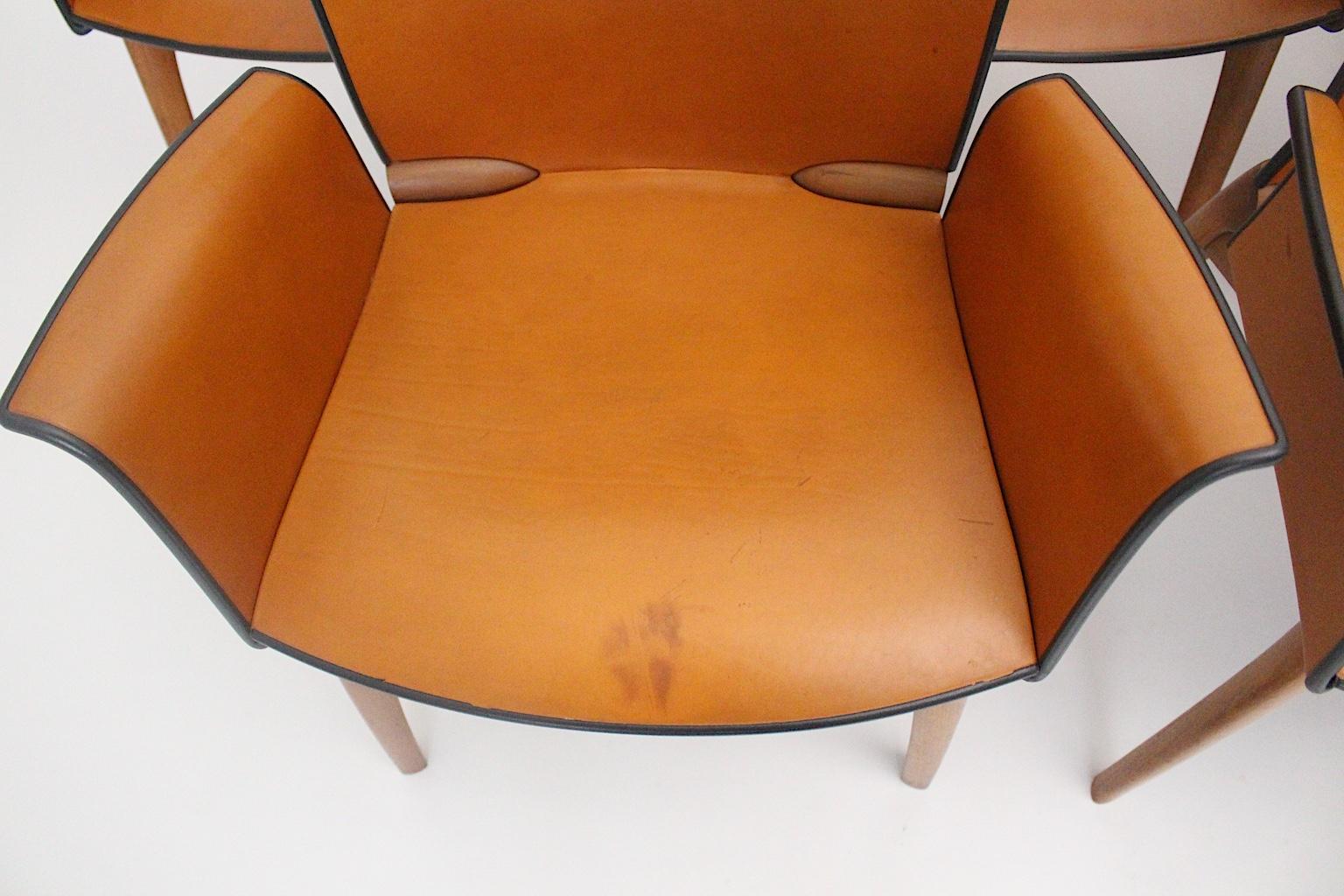 Modern Seven Vintage Cognac Leather Teak Dining Chairs Cassina, 1990s, Italy For Sale 10