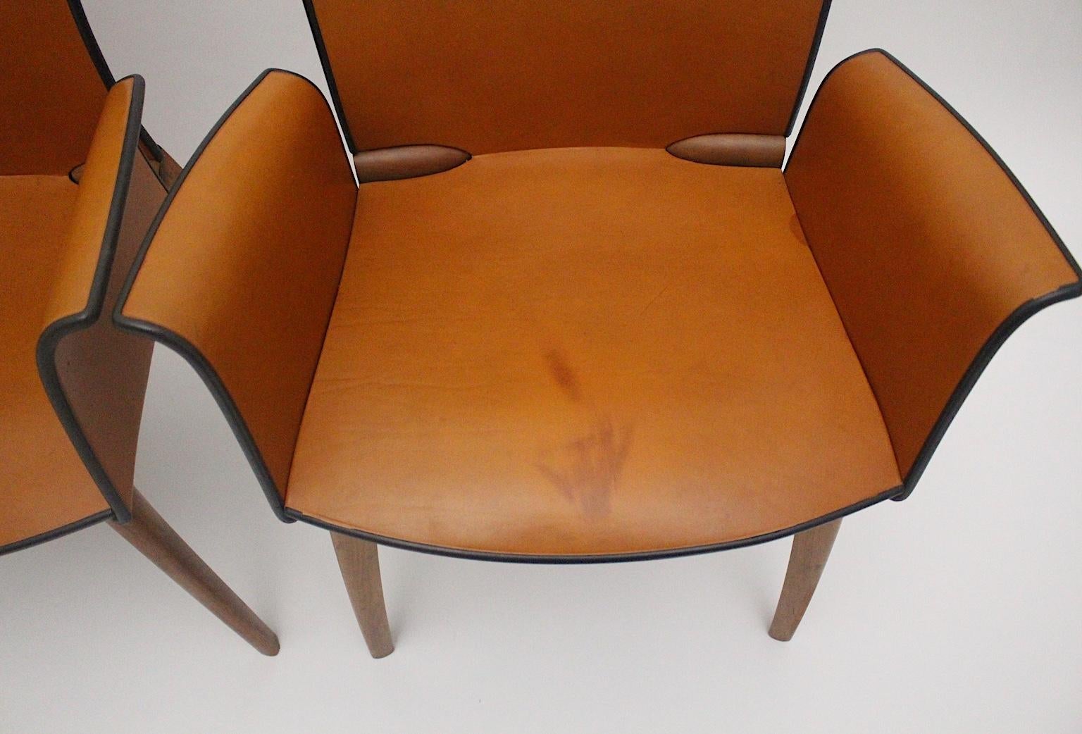 Modern Seven Vintage Cognac Leather Teak Dining Chairs Cassina, 1990s, Italy For Sale 11