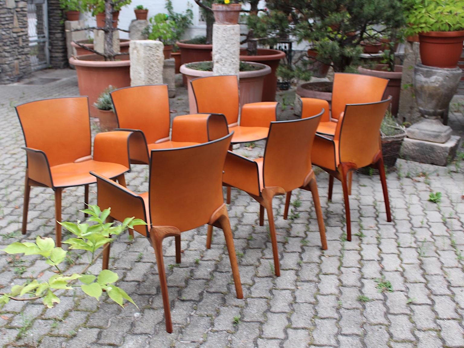 Modern Seven Vintage Cognac Leather Teak Dining Chairs Cassina, 1990s, Italy In Good Condition For Sale In Vienna, AT