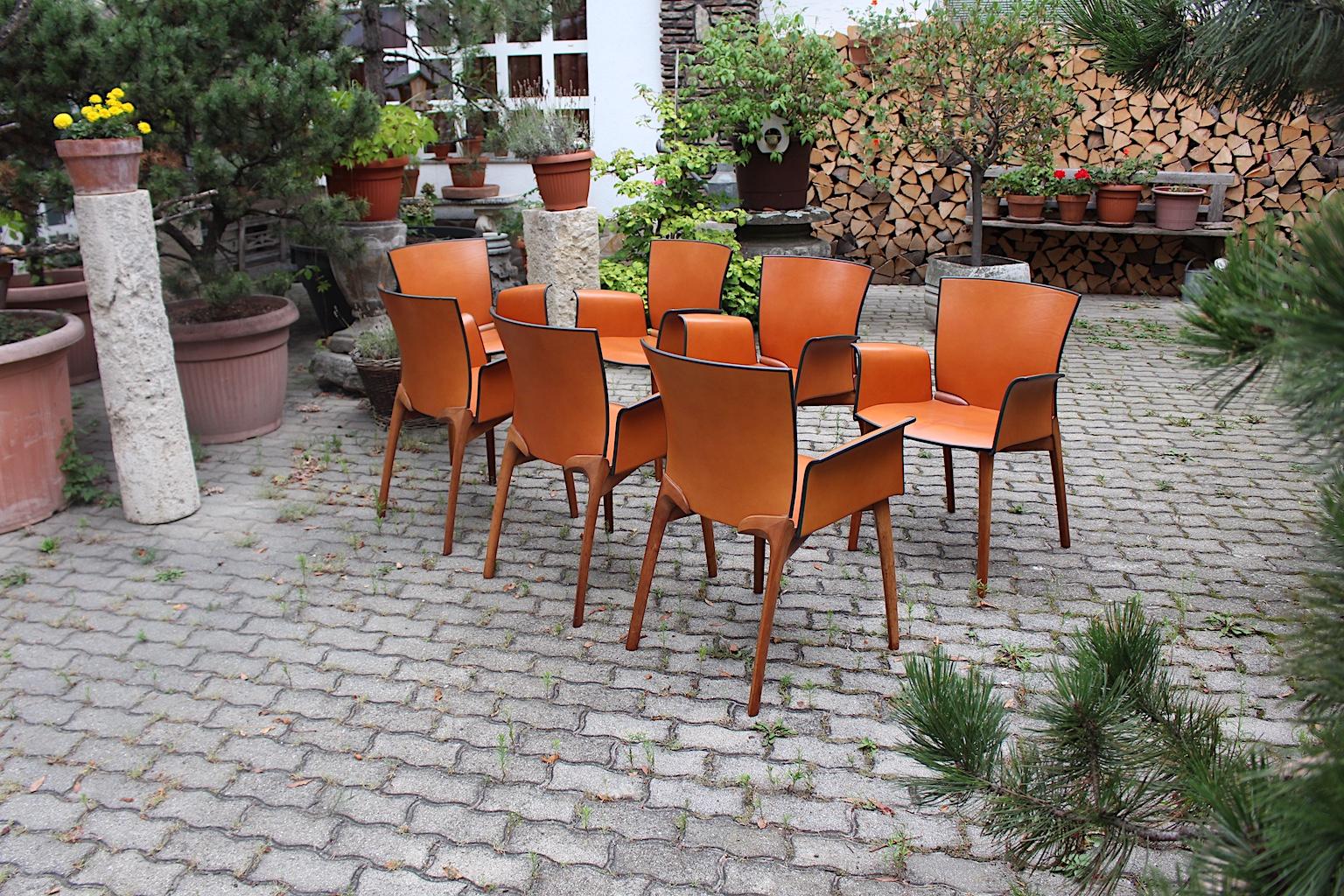 Modern Seven Vintage Cognac Leather Teak Dining Chairs Cassina, 1990s, Italy For Sale 1