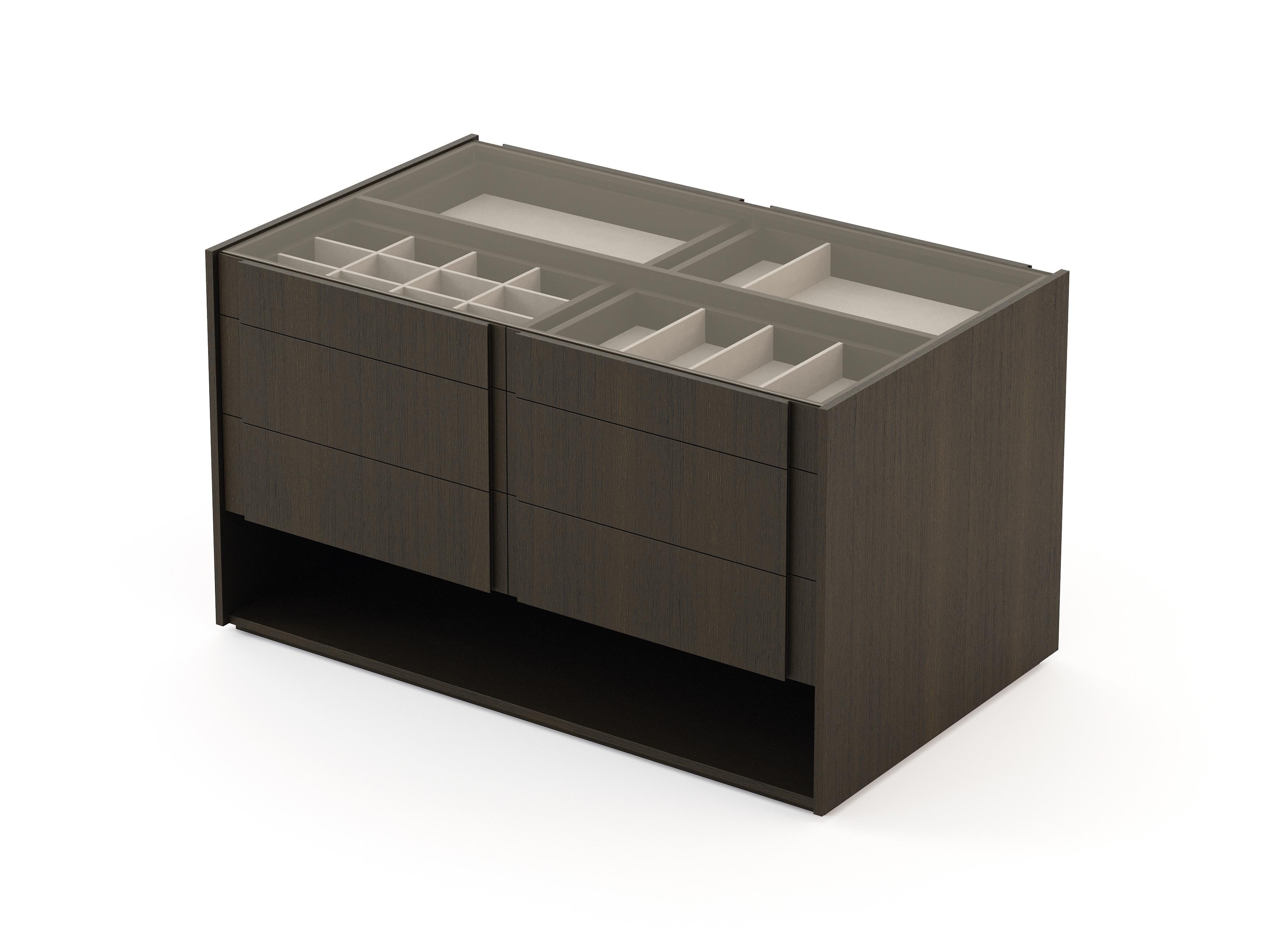 Portuguese Modern Sevilha Island Chest of Drawers Made with Oak, Glass and Suede Details For Sale