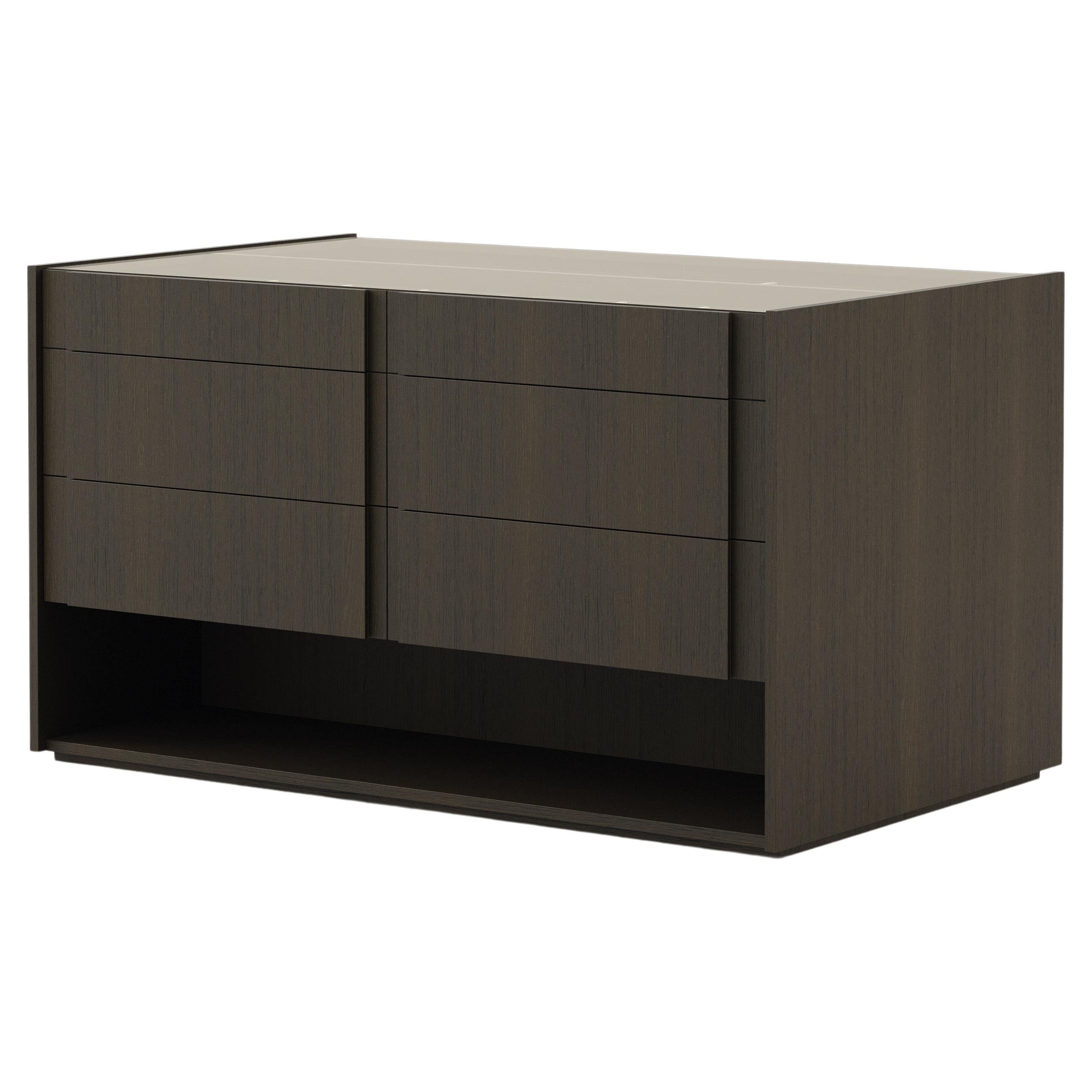 Modern Sevilha Island Chest of Drawers Made with Oak, Glass and Suede Details For Sale