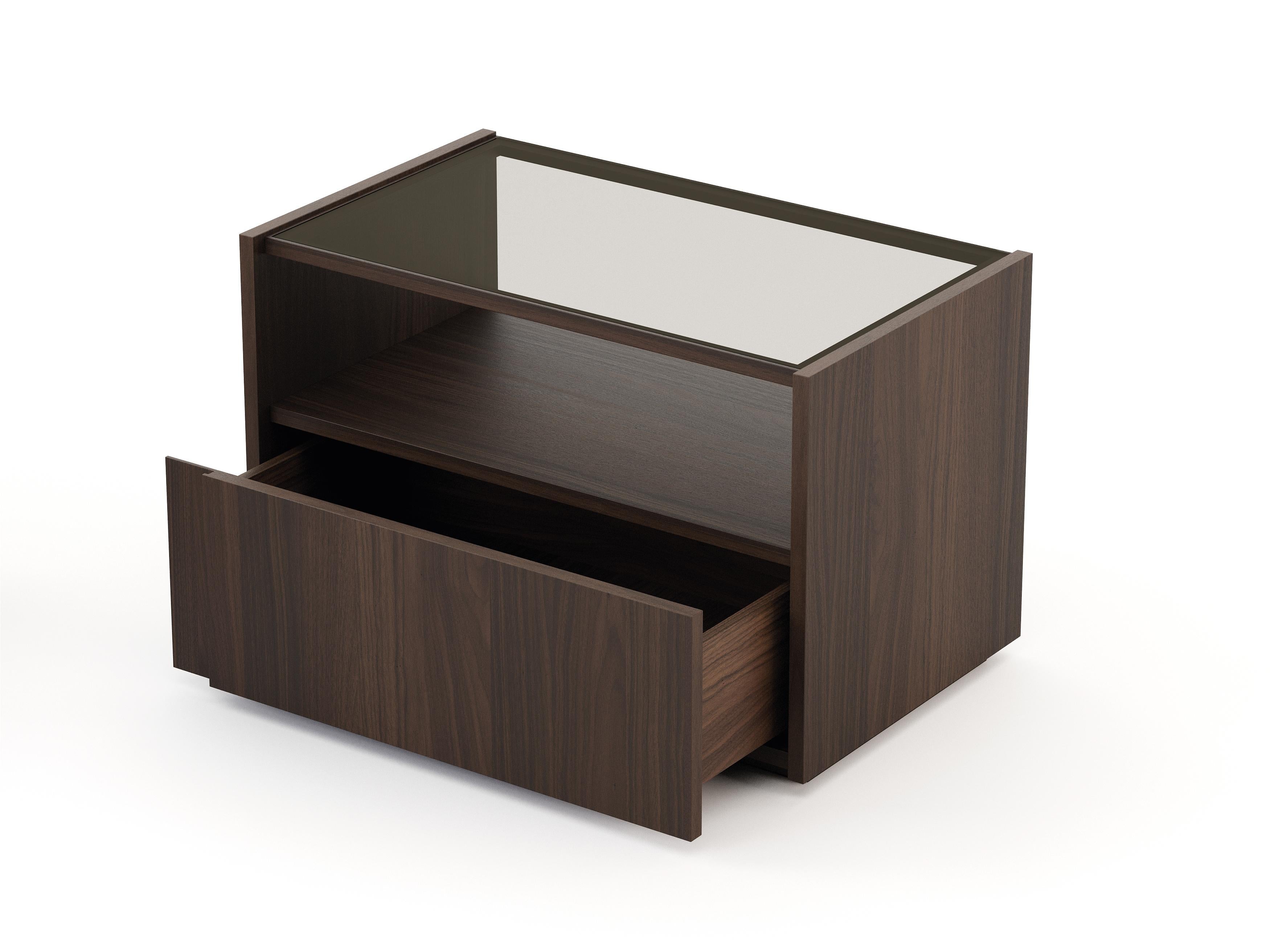 Hand-Crafted Modern Sevilha Nightstand Made with Walnut and Glass, Handmade by Stylish Club For Sale