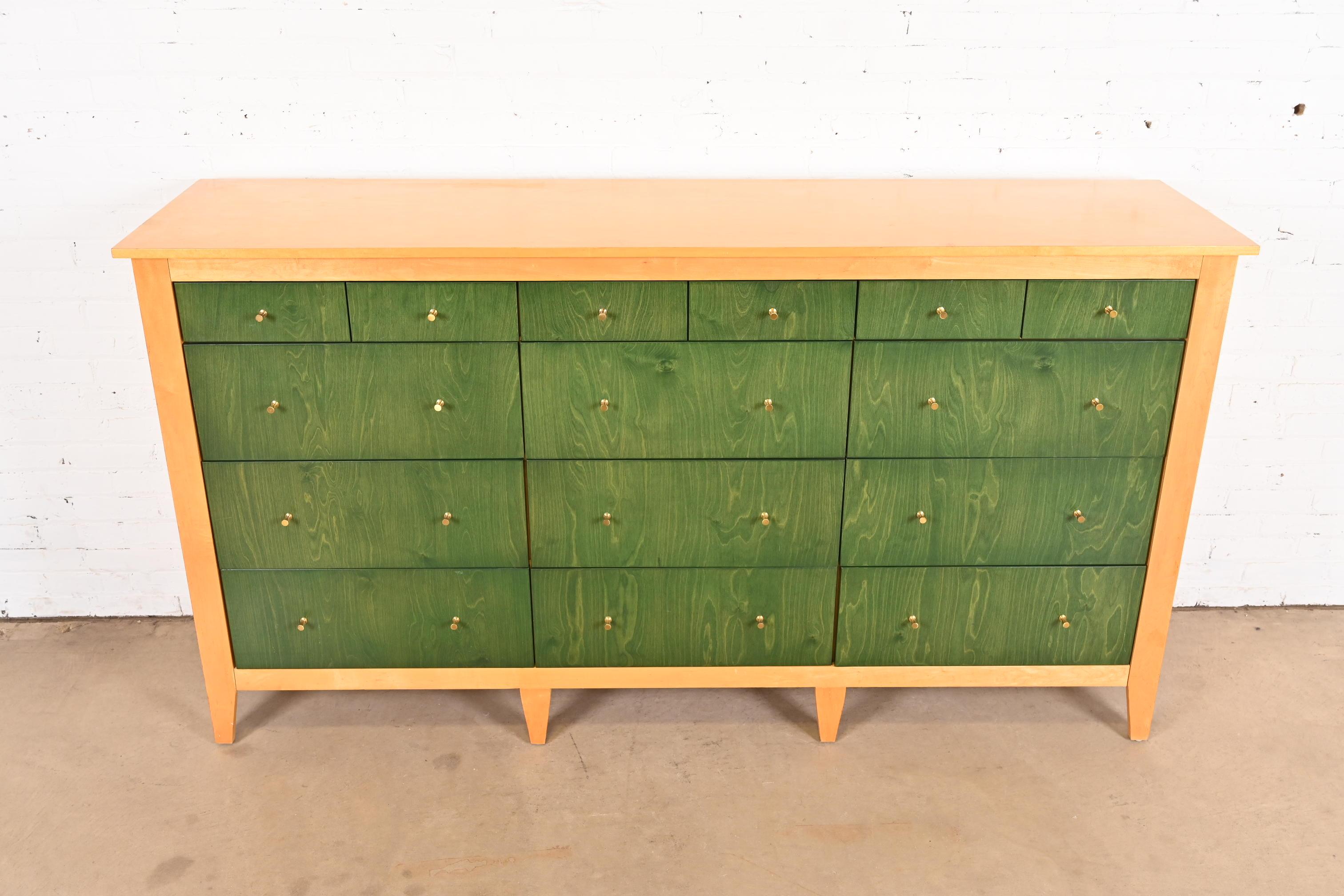 American Modern Shaker Style Green Stained and Natural Maple Twelve-Drawer Dresser