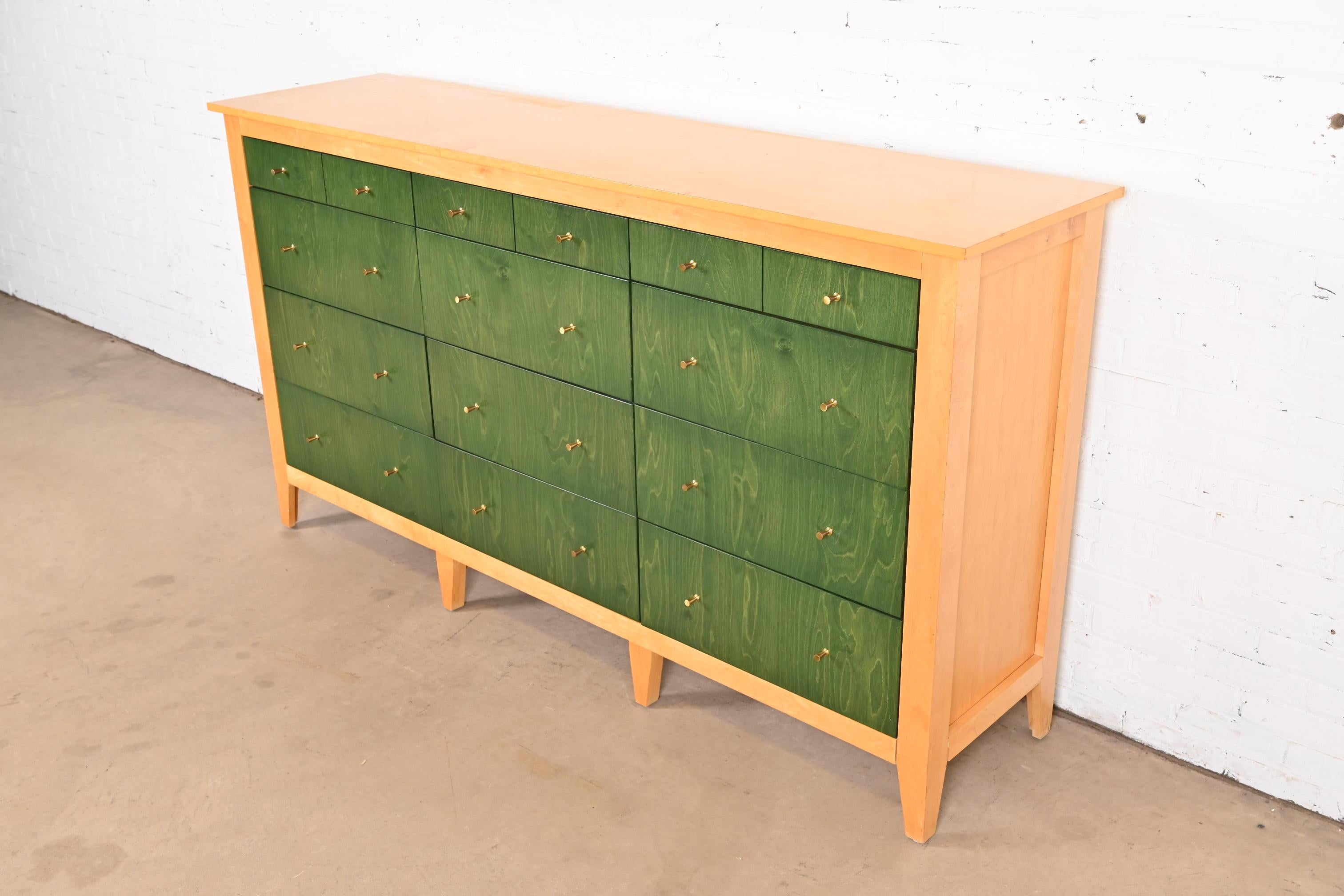 Modern Shaker Style Green Stained and Natural Maple Twelve-Drawer Dresser In Good Condition In South Bend, IN