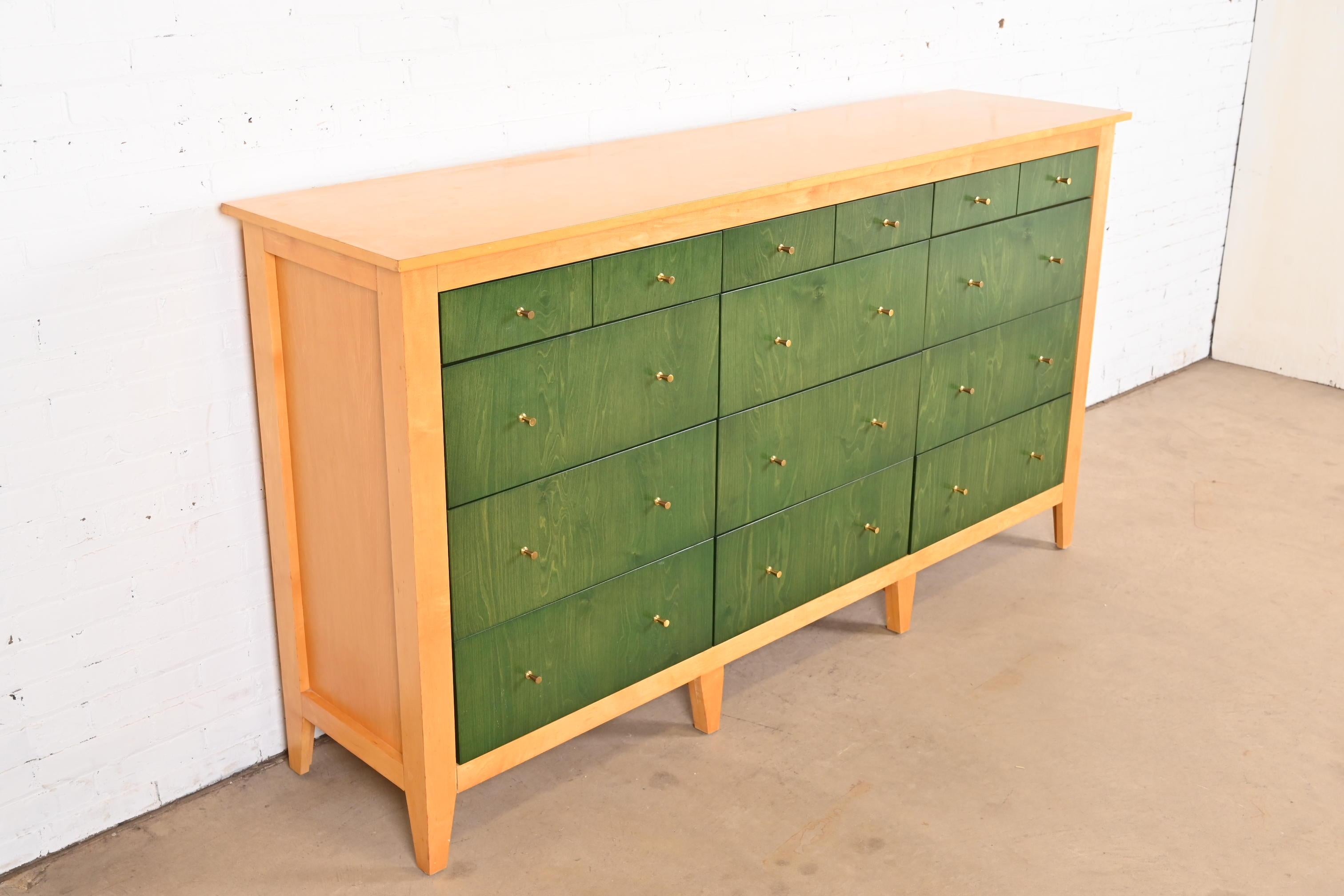Brass Modern Shaker Style Green Stained and Natural Maple Twelve-Drawer Dresser