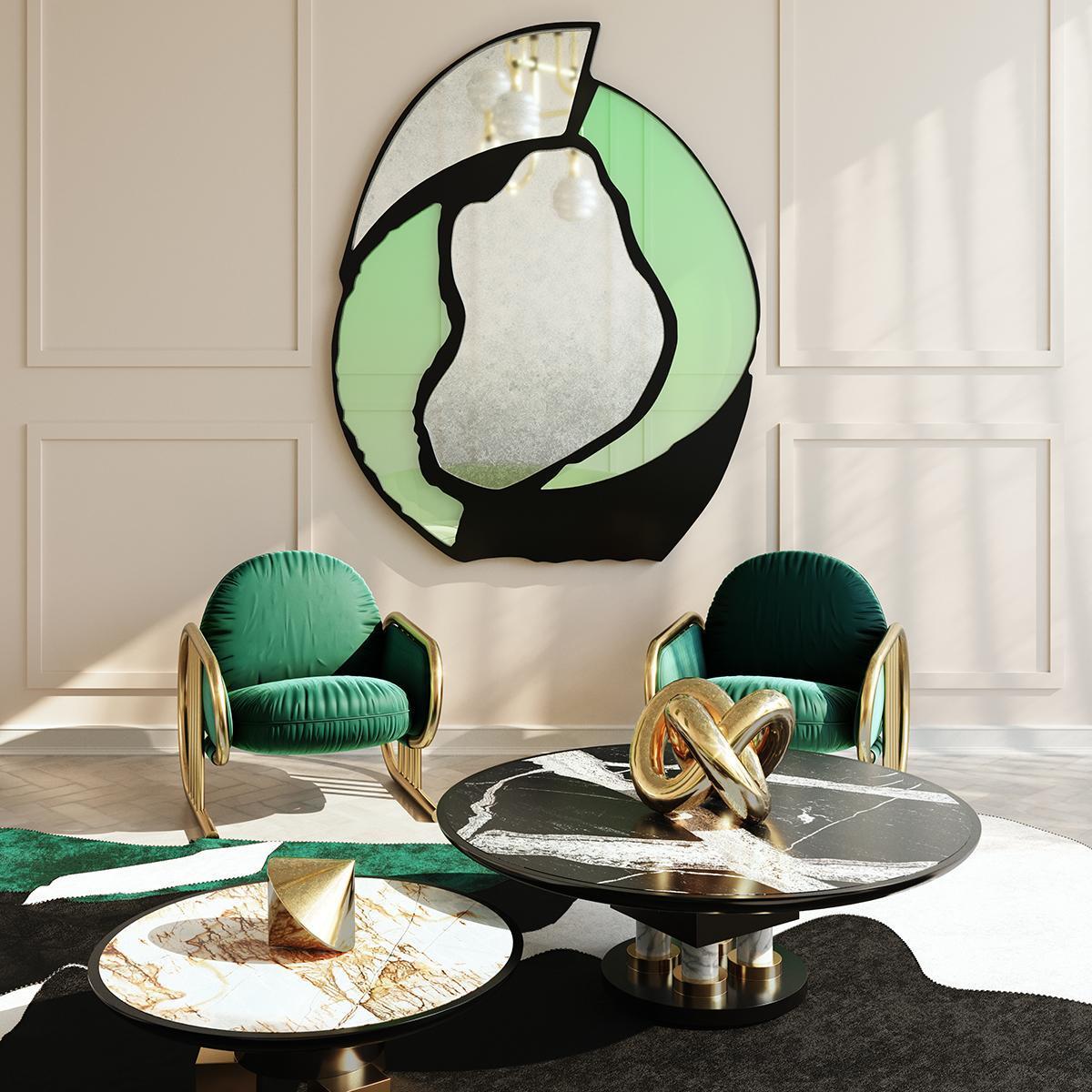 Lacquered Modern Brutalist Shaped Floor and Wall Mirror Green Colored Hammered Glass For Sale