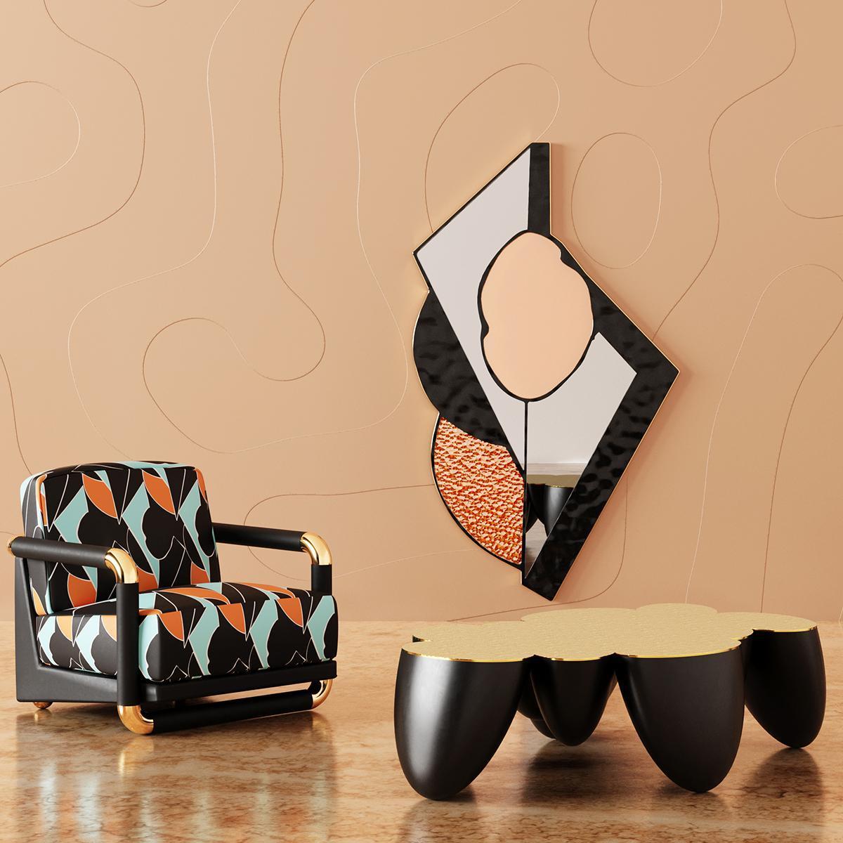 Lacquered Modern Brutalist Geometric Shaped Mirror With Orange & Black Hammered Glass For Sale