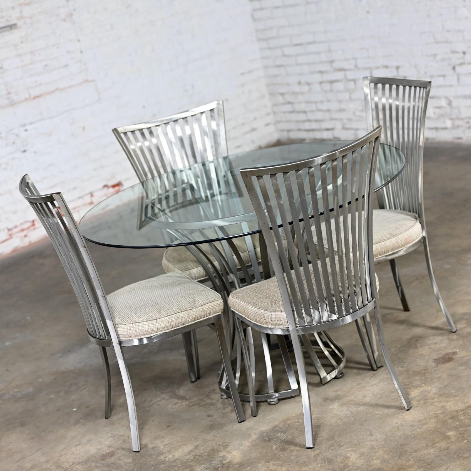 Modern Shaver Howard Dining Set Slatted Steel Base Table Glass Top & 4 Chairs 5