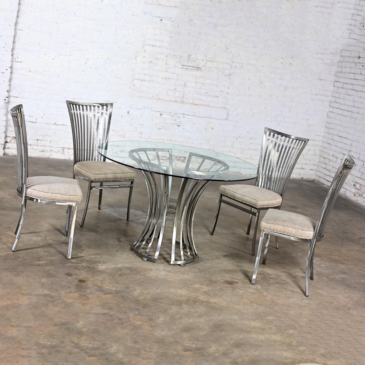 Modern Shaver Howard Dining Set Slatted Steel Base Table Glass Top & 4 Chairs 7