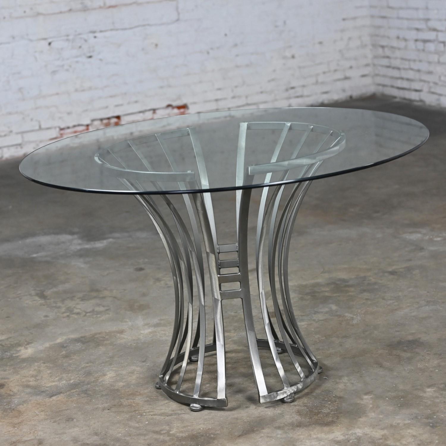 Modern Shaver Howard Dining Set Slatted Steel Base Table Glass Top & 4 Chairs 8
