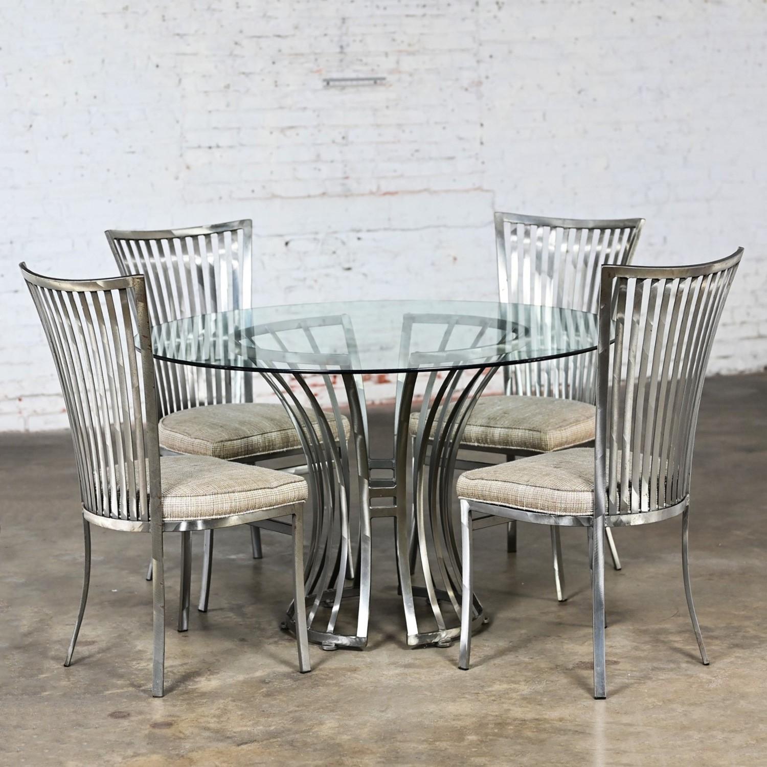 Modern Shaver Howard Dining Set Slatted Steel Base Table Glass Top & 4 Chairs 14