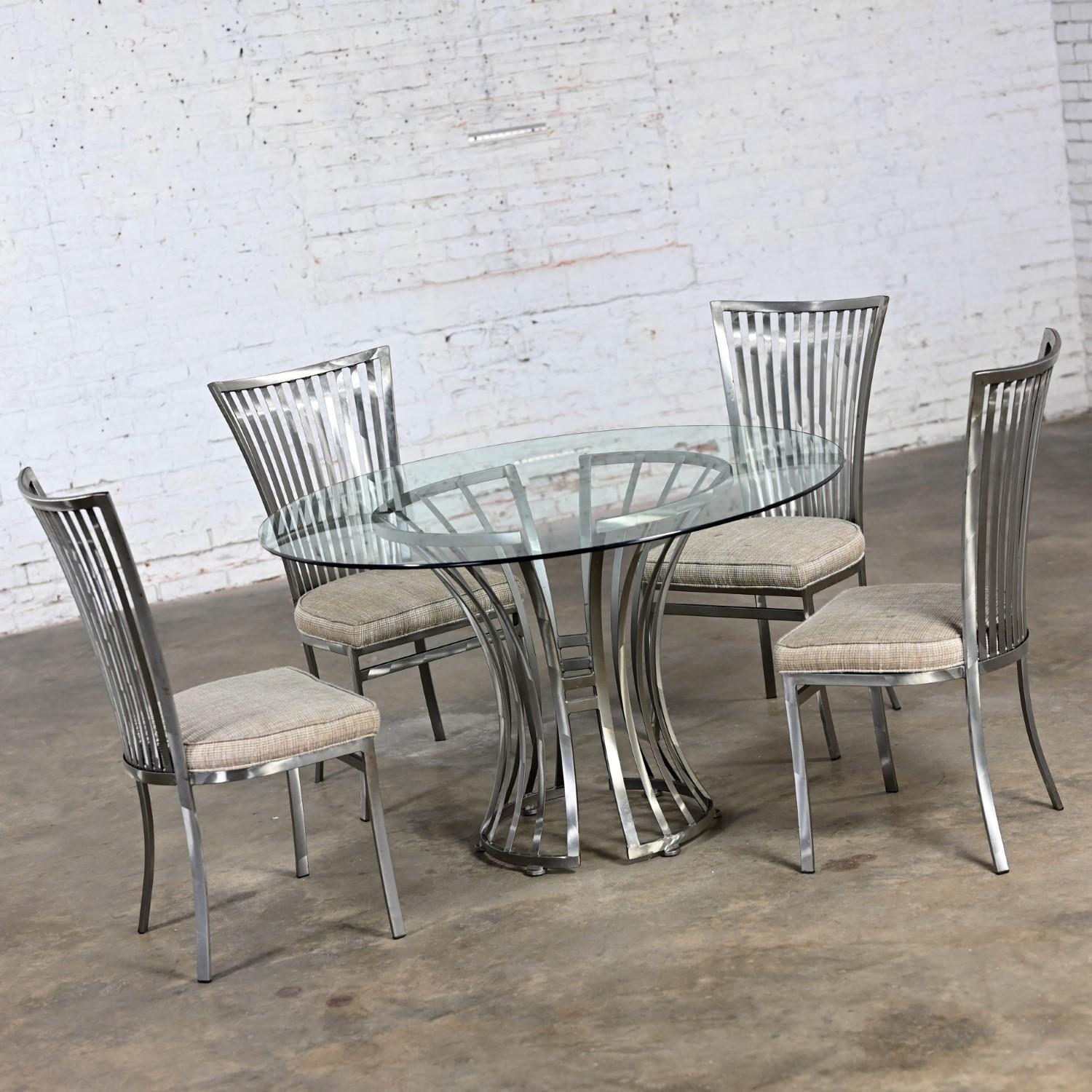 American Modern Shaver Howard Dining Set Slatted Steel Base Table Glass Top & 4 Chairs