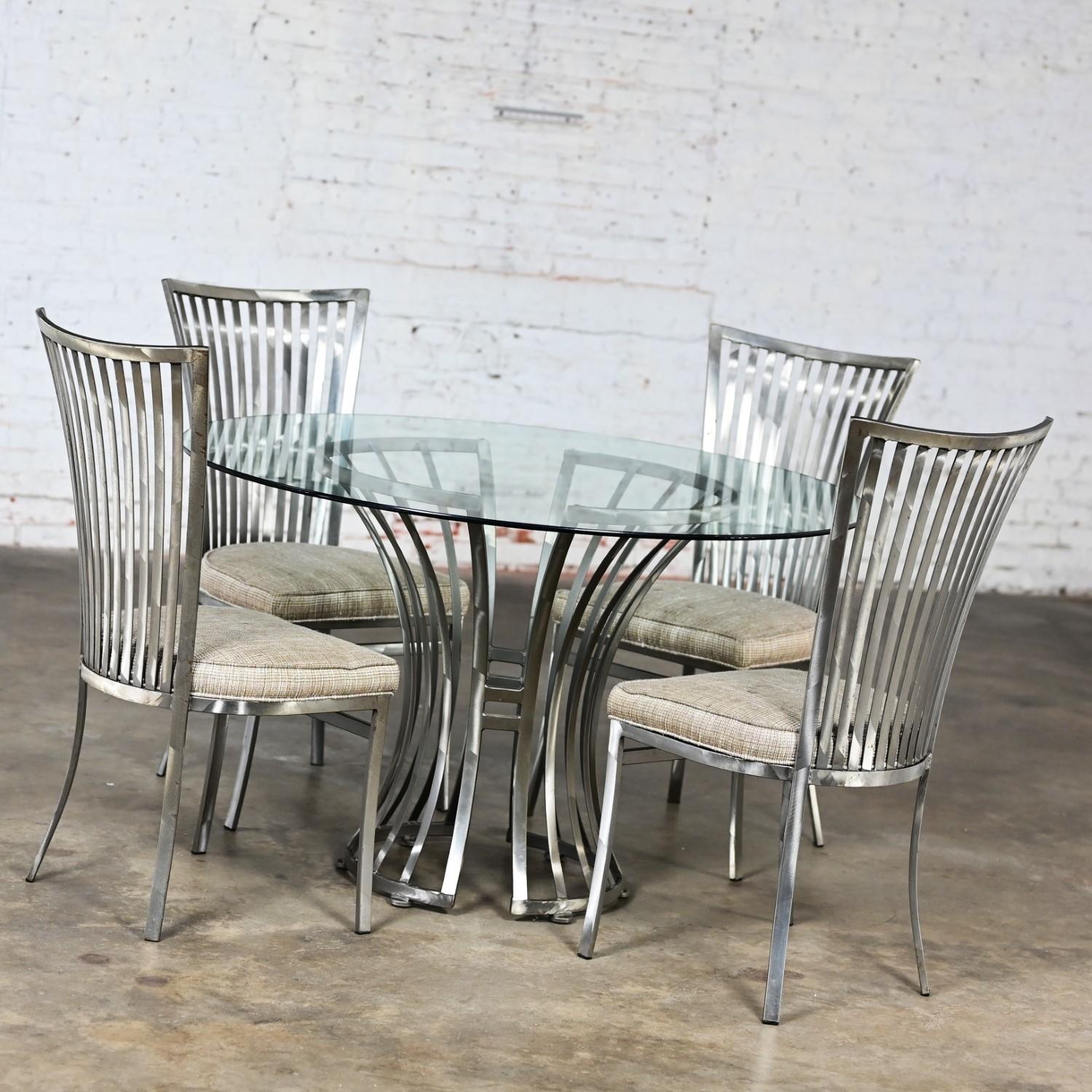 Modern Shaver Howard Dining Set Slatted Steel Base Table Glass Top & 4 Chairs In Good Condition In Topeka, KS