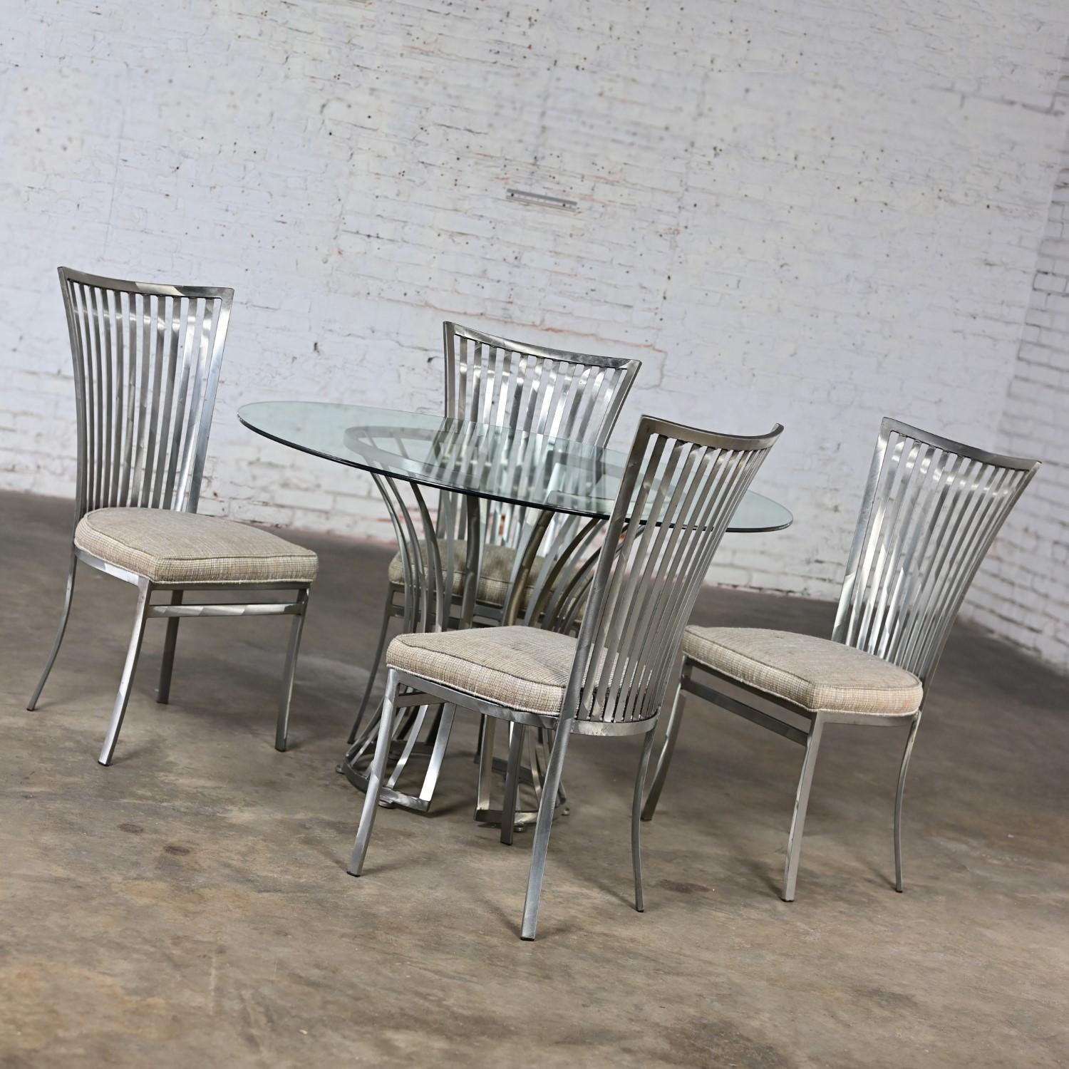 Modern Shaver Howard Dining Set Slatted Steel Base Table Glass Top & 4 Chairs 1