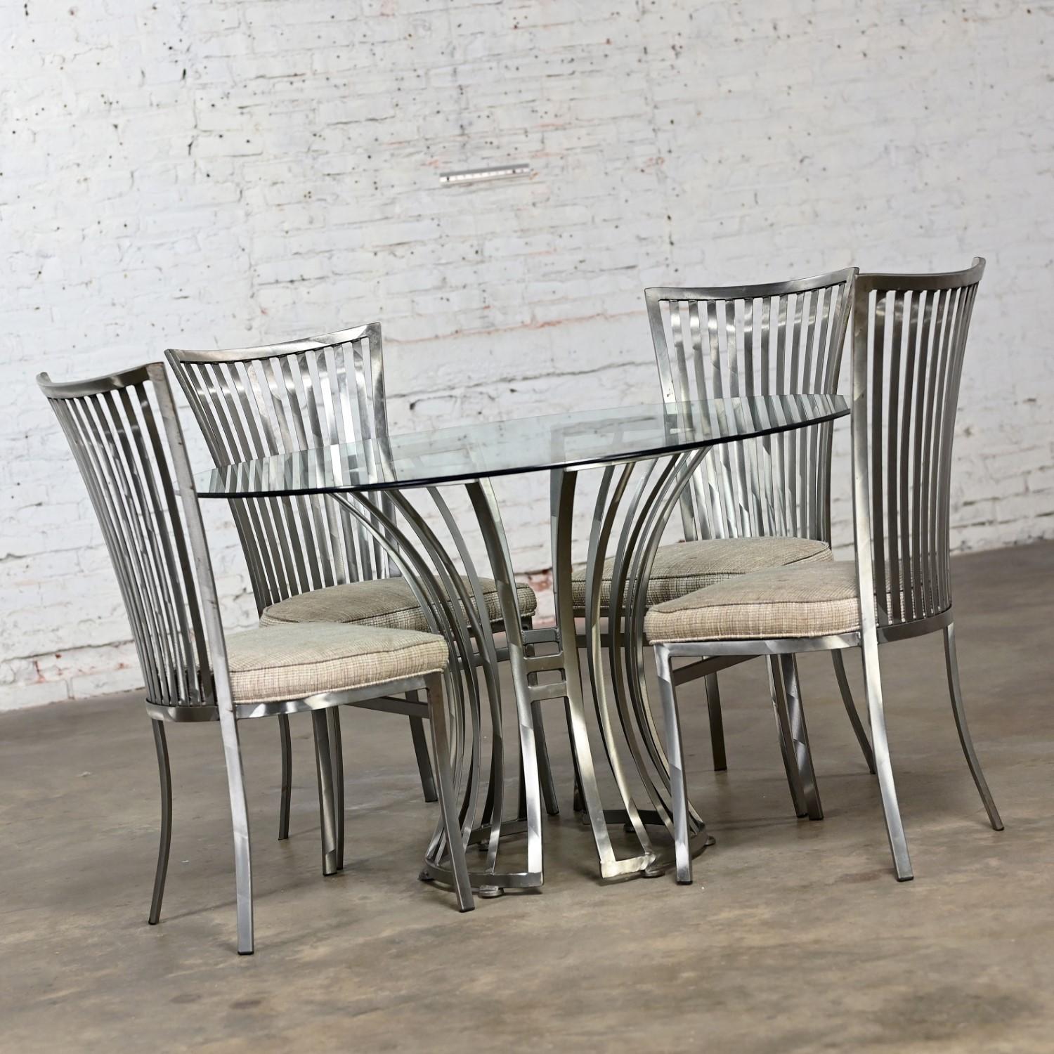 Modern Shaver Howard Dining Set Slatted Steel Base Table Glass Top & 4 Chairs 2