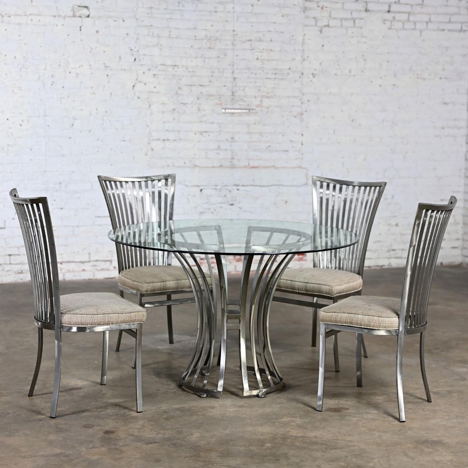 Modern Shaver Howard Dining Set Slatted Steel Base Table Glass Top & 4 Chairs 4