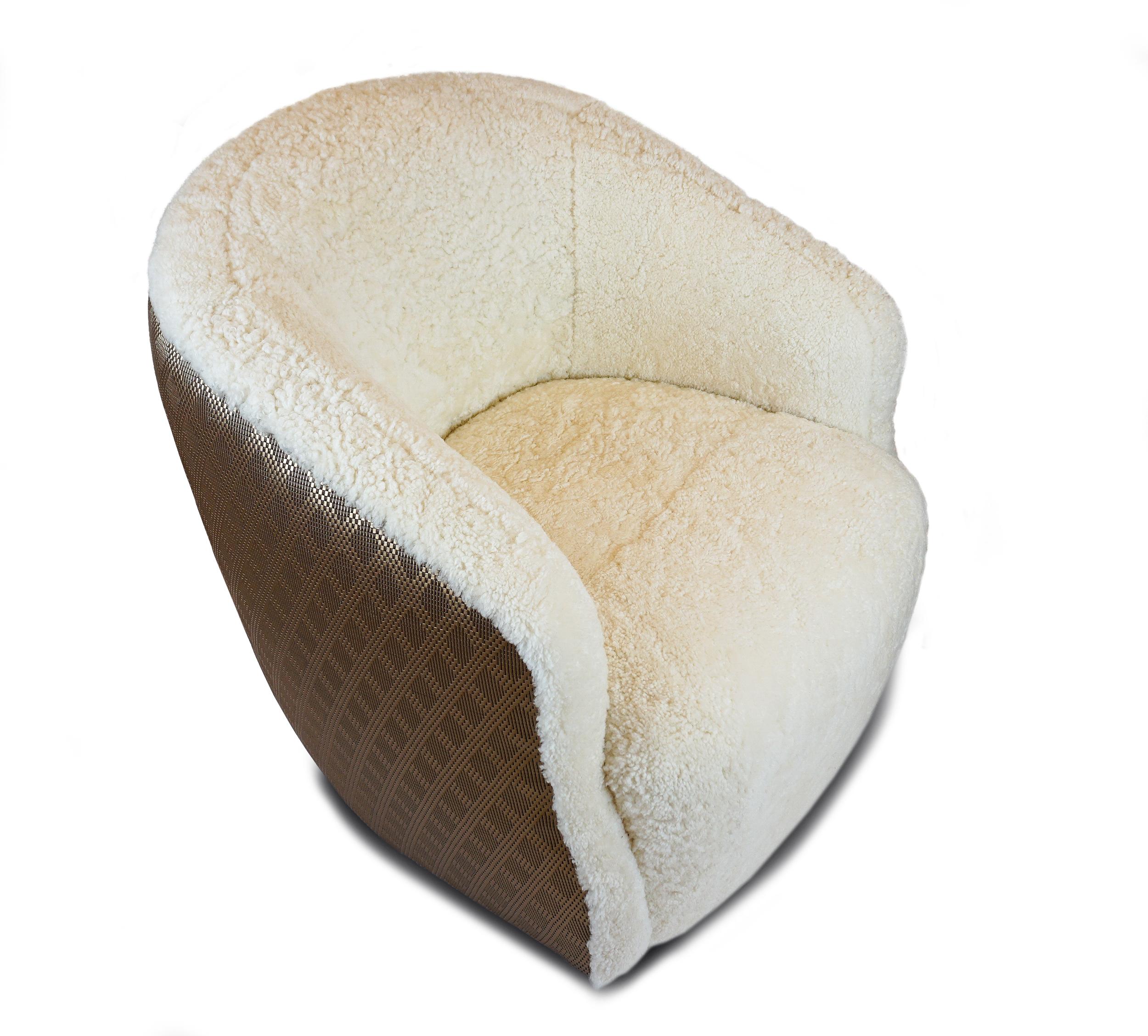 Modern Shearling Swivel Chair with Faux Metallic Vinyl Textured Contrast Back For Sale 1