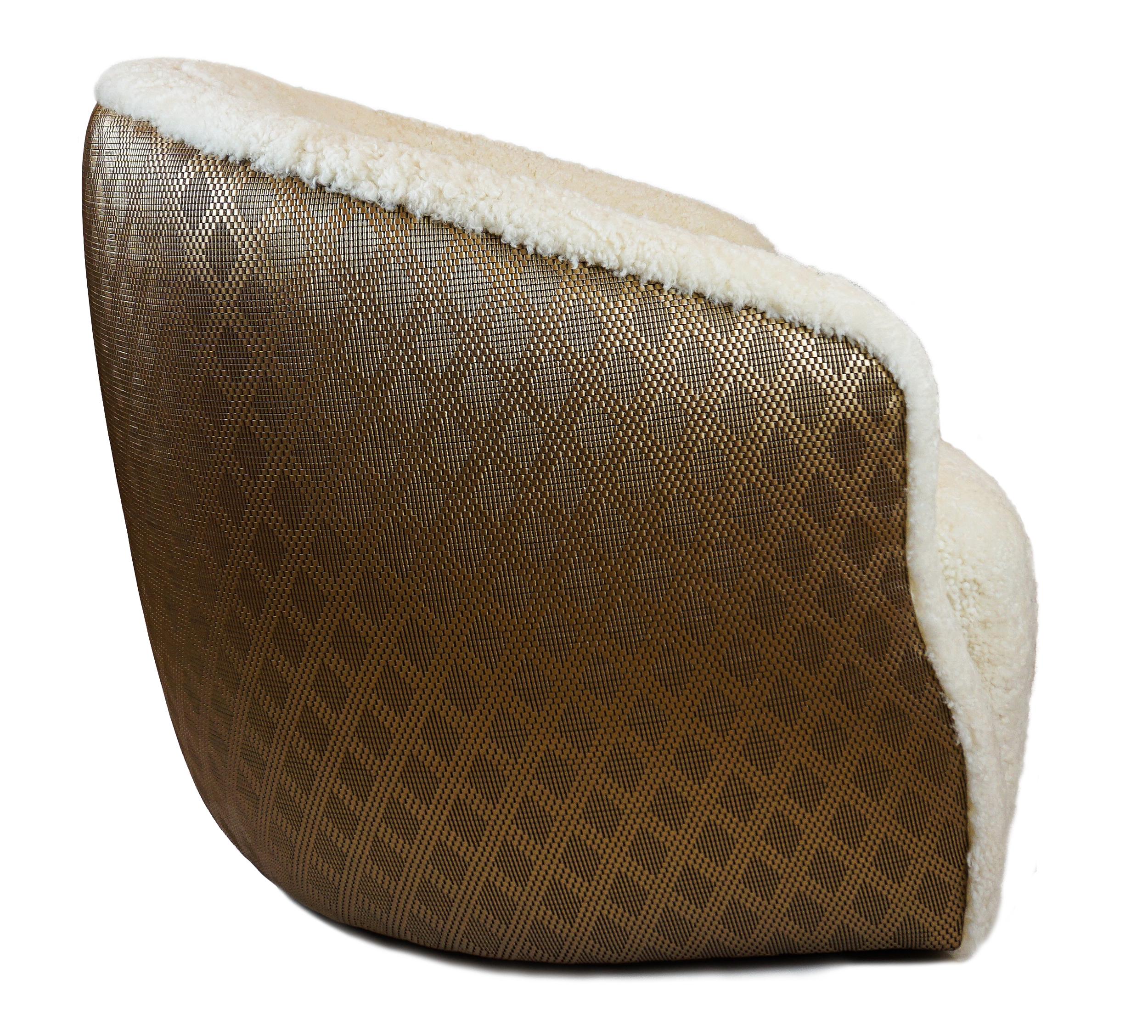 Modern Shearling Swivel Chair with Faux Metallic Vinyl Textured Contrast Back For Sale 2
