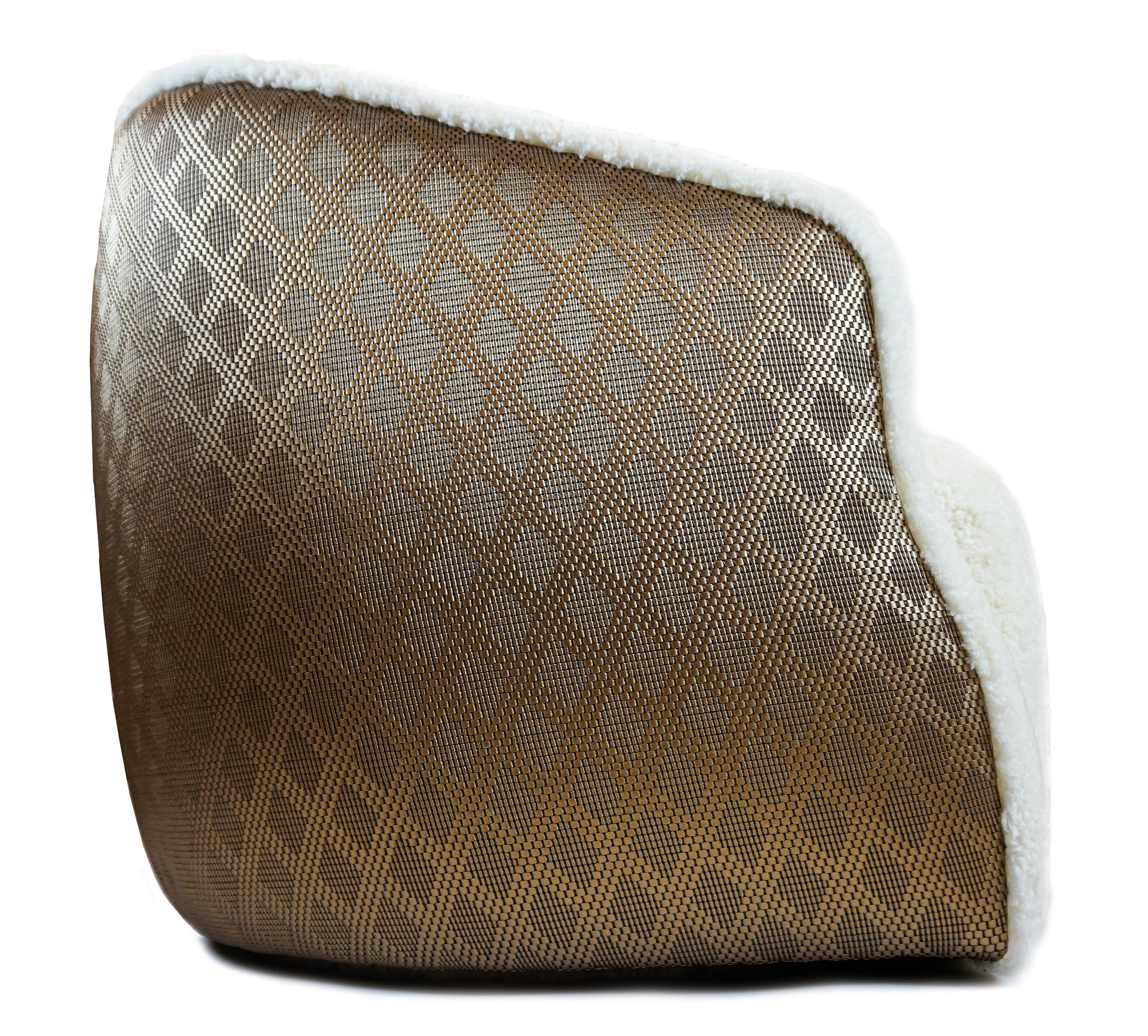 Modern Shearling Swivel Chair with Faux Metallic Vinyl Textured Contrast Back For Sale 3